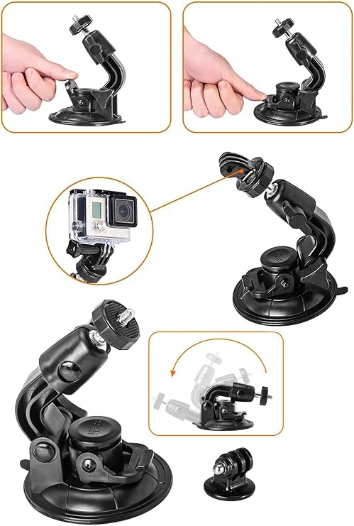 Coverzone Vantuzlu Ayarlanabilir Kamera Tutucu Araç İçi Cam Konsol Montaj Aparatı | 360° Döner Mafsallı Güçlü Vakum Tabanlı Aksiyon ve Mini Kamera Standı | KMT-54
