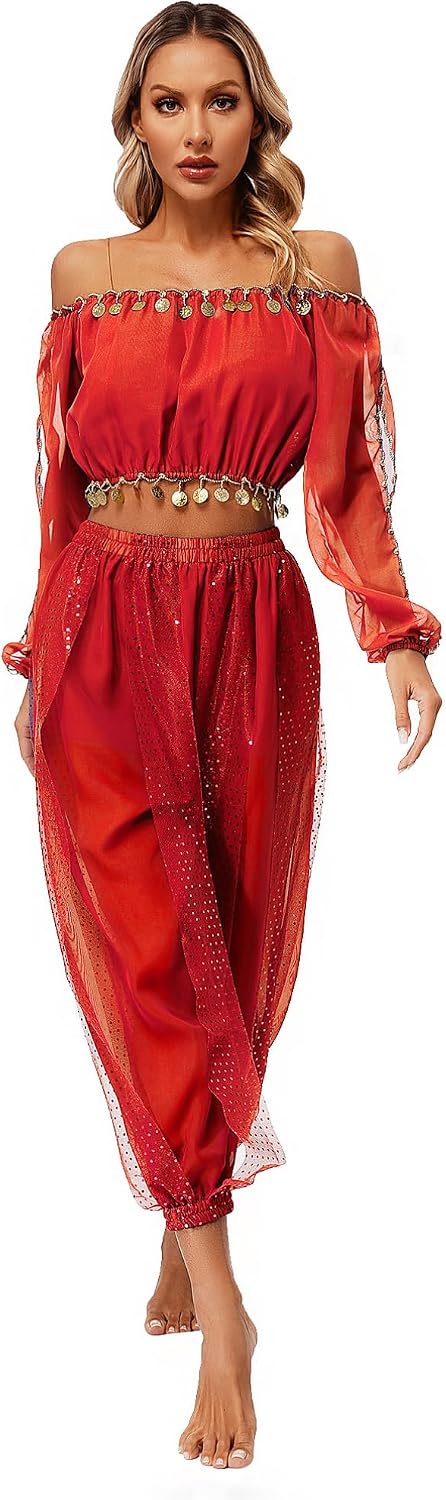 TiaoBug Women's Belly Dance Costume Sequined Long Sleeve Irregular Hem Crop Top with Chiffon Bloomers Pants