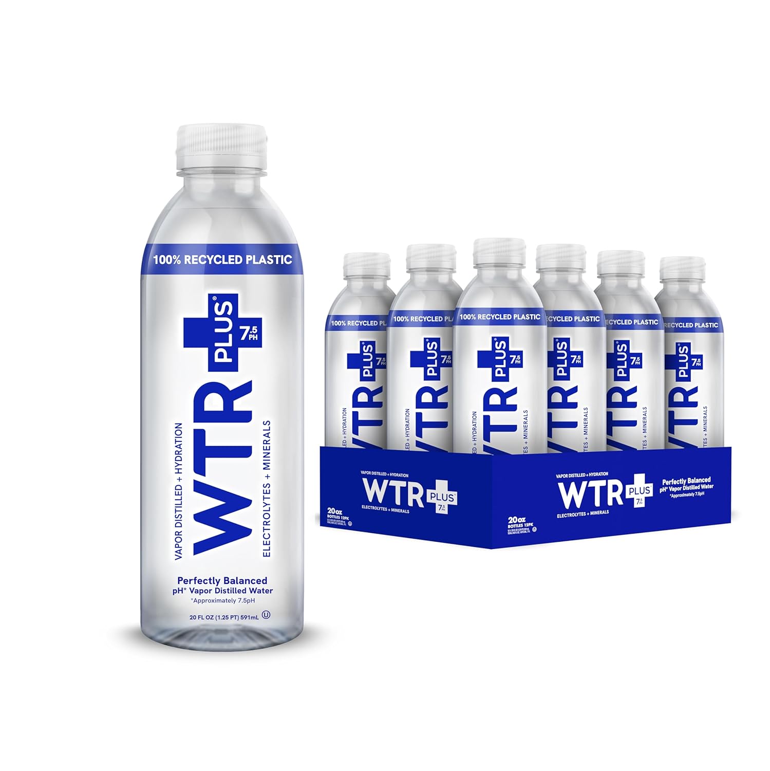 WTR+ Alkaline Water, 20 Fl Oz (Pack of 12), 9.5 pH with Electrolytes for a Crisp, Refreshing Taste