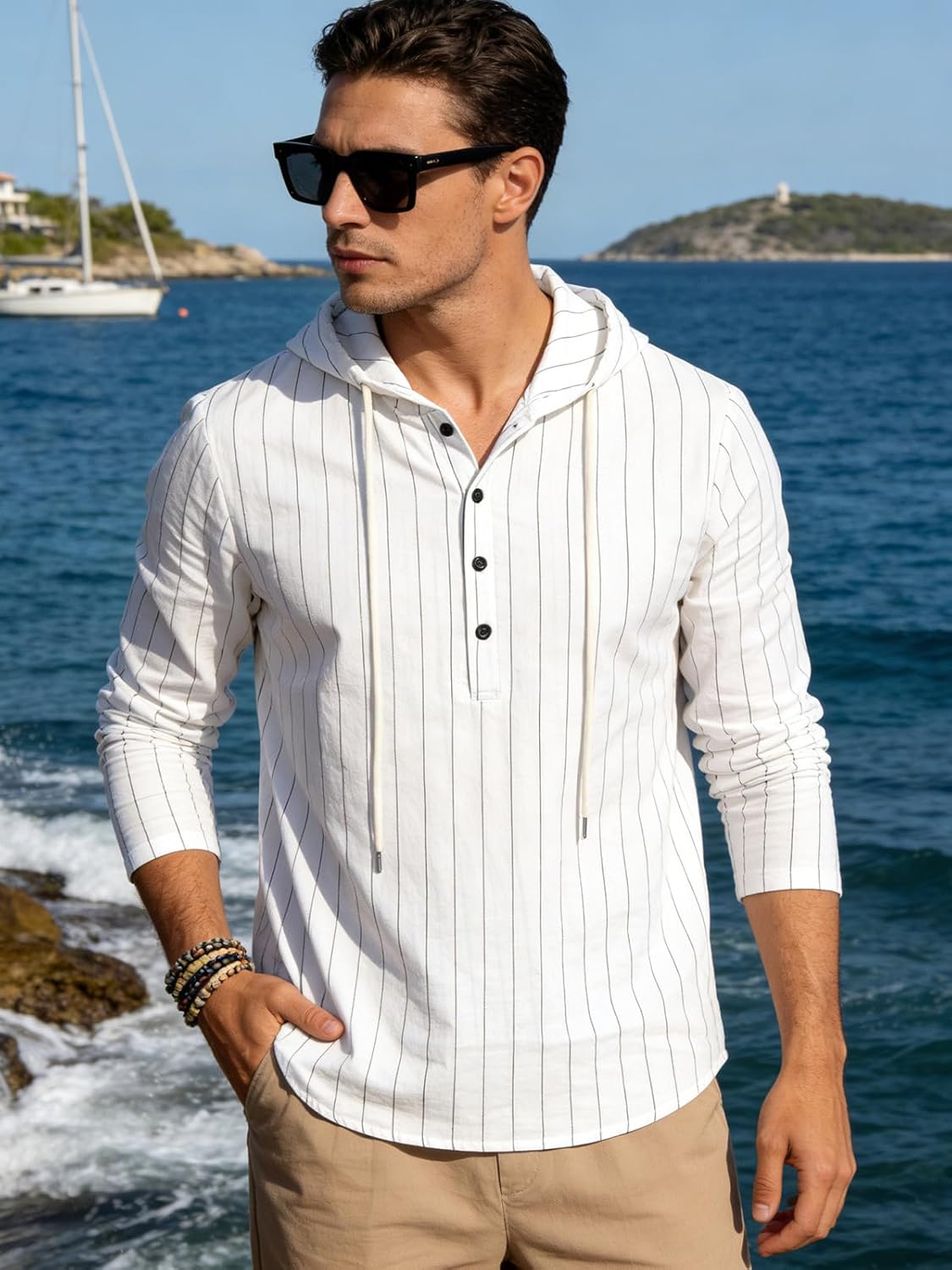 Mens Cotton Linen Hoodies Long Sleeve Button Down Shirts Casual Hawaiian Beach Yoga Sweatshirts