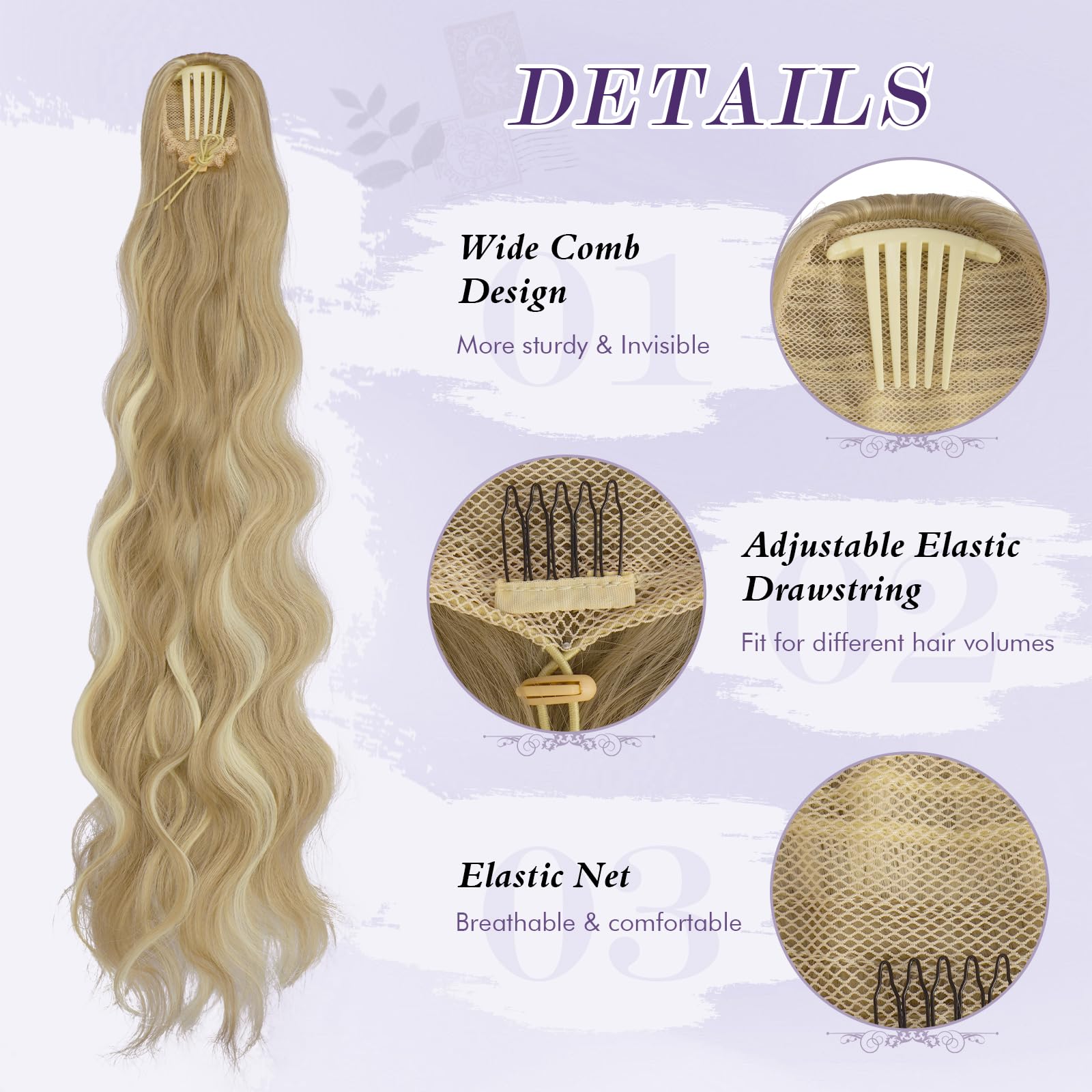 FESHFEN Pferdeschwanz Haarteil mit Kordelzug, 75cm Gewellt Ponytail Extension Comb Clip in Haarverlängerung zopf für Frauen Synthetik Pferdeschwanz Haarverlängerung - Schmutziges Blond