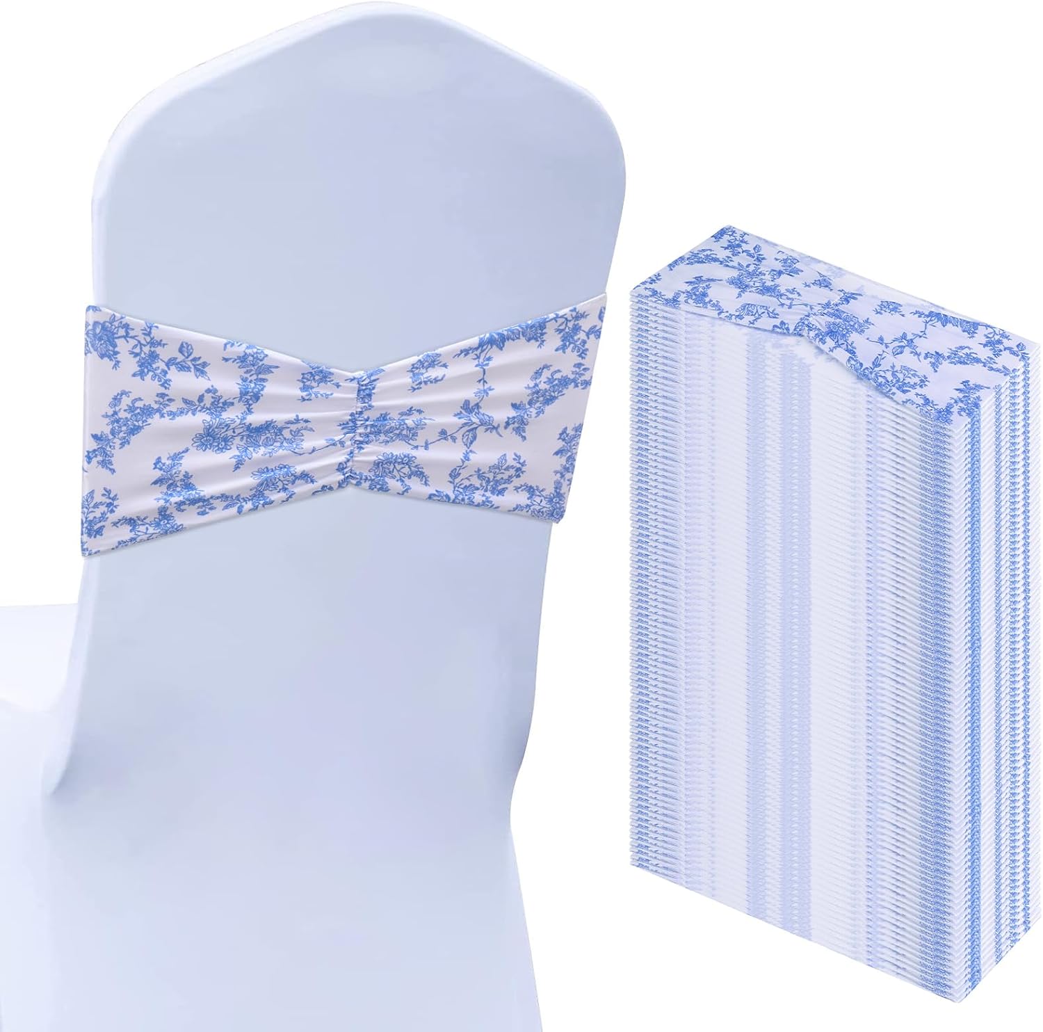 Moukeren 50 Pcs Wide Ruffled Spandex Chair Sashes Floral Style for Covers Elastic Chair Bands Ties Ribbon Decorations for Wedding Party Events Ceremony Birthday Banquet (Blue)