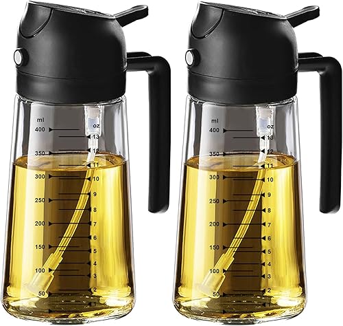 TrendPlain Pulverizador de aceite de oliva de vidrio de 16 onzas / 15.9 fl oz para cocinar, botella dispensadora de aceite de oliva 2 en 1 para 2