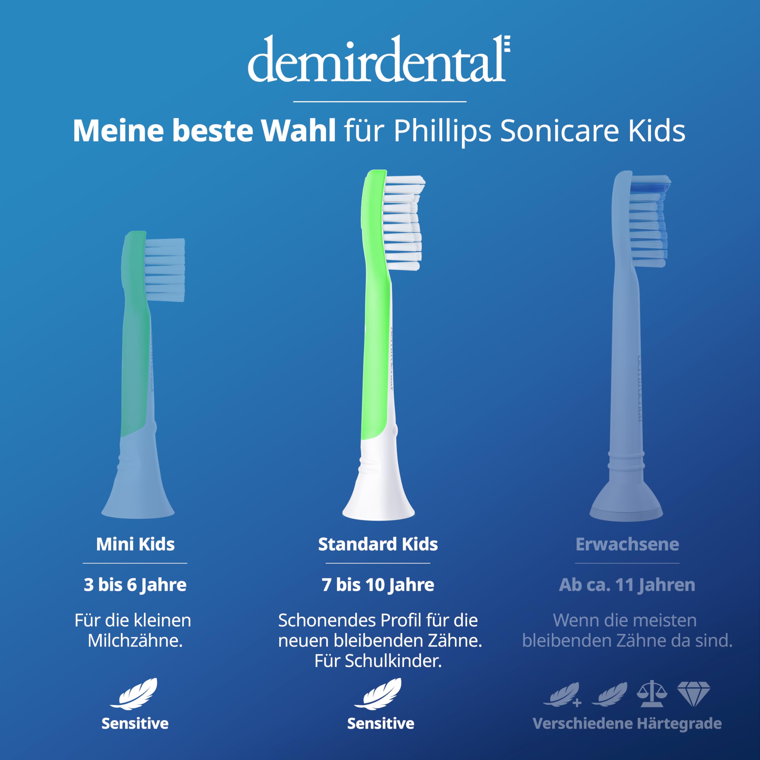 demirdental Wymienne szczoteczki dla dzieci, pasują do Philips Sonicare Kids, szczoteczki do zębów dla dzieci, szczoteczki do zębów dla dzieci od 7 lat, odpowiada HX6048, zielone, zestaw 8 sztuk