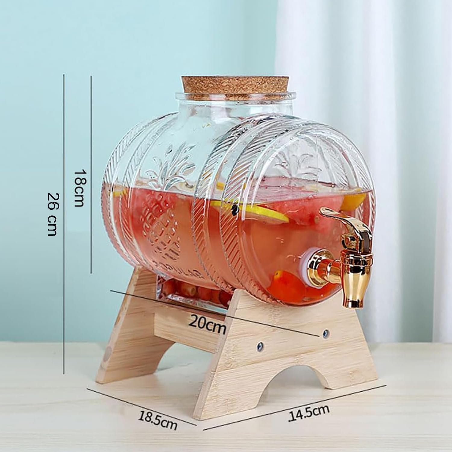 Dispensador de bebidas de cristal con grifo, dispensador de bebidas de 5 litros para fiestas y eventos, dispensador de bebidas frías con espiga y soporte de madera, ideal para bodas y cumpleaños