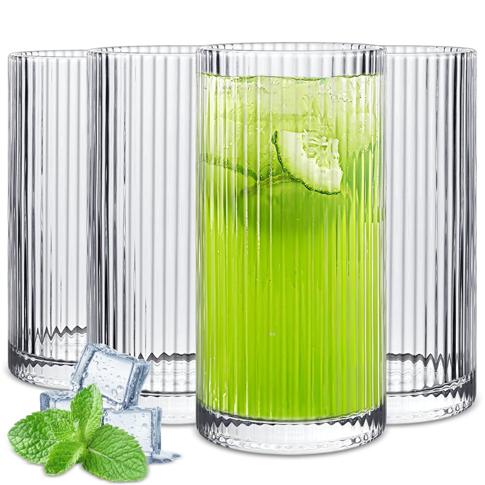 Vasos para beber, vasos Highball, cristalería acanalada, taza de café, tazas para agua, café, cóctel, cerveza, jugo (12 onzas), juego de 4