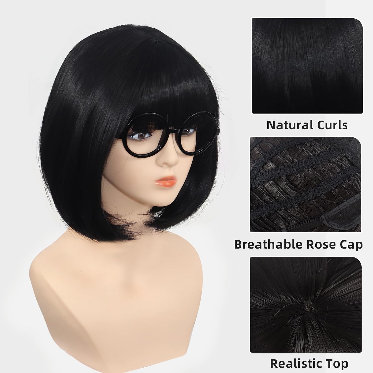 Short Black Bob Wig With Glasses for Women's Anime Cosplay Costume Hair for Halloween Party