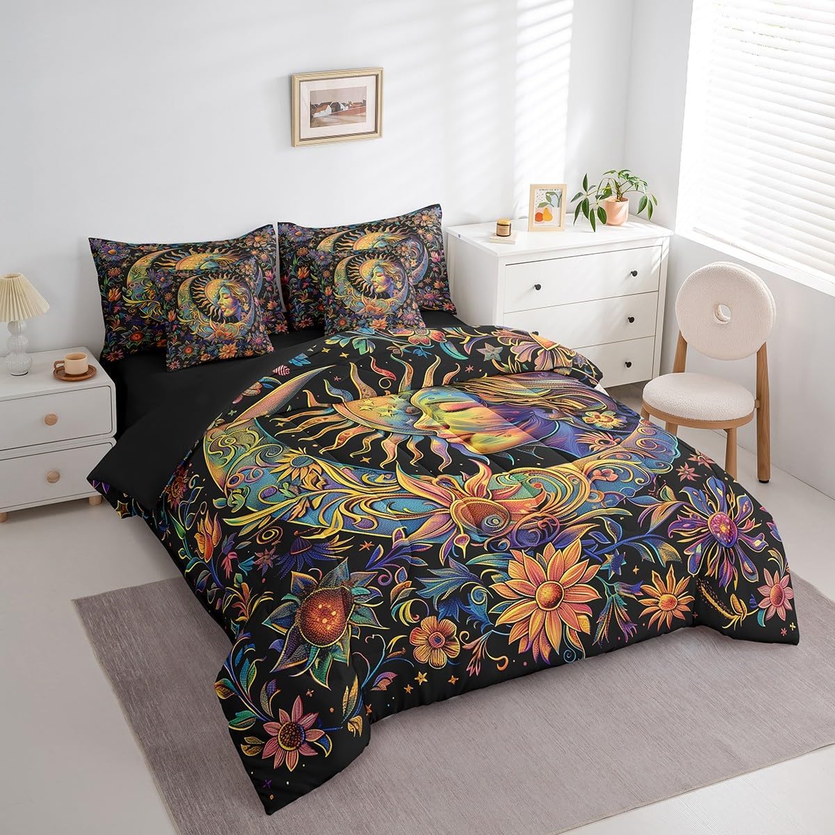 jejeloiu Sun Moon Queen Comforter Set with Sheets Boho Exotic Floral Print 7 Pieces Bedding Set for Kids Boys Girls Teens Room Decor Bohemian Bed in a Bag Queen Size Galaxy Bed Set