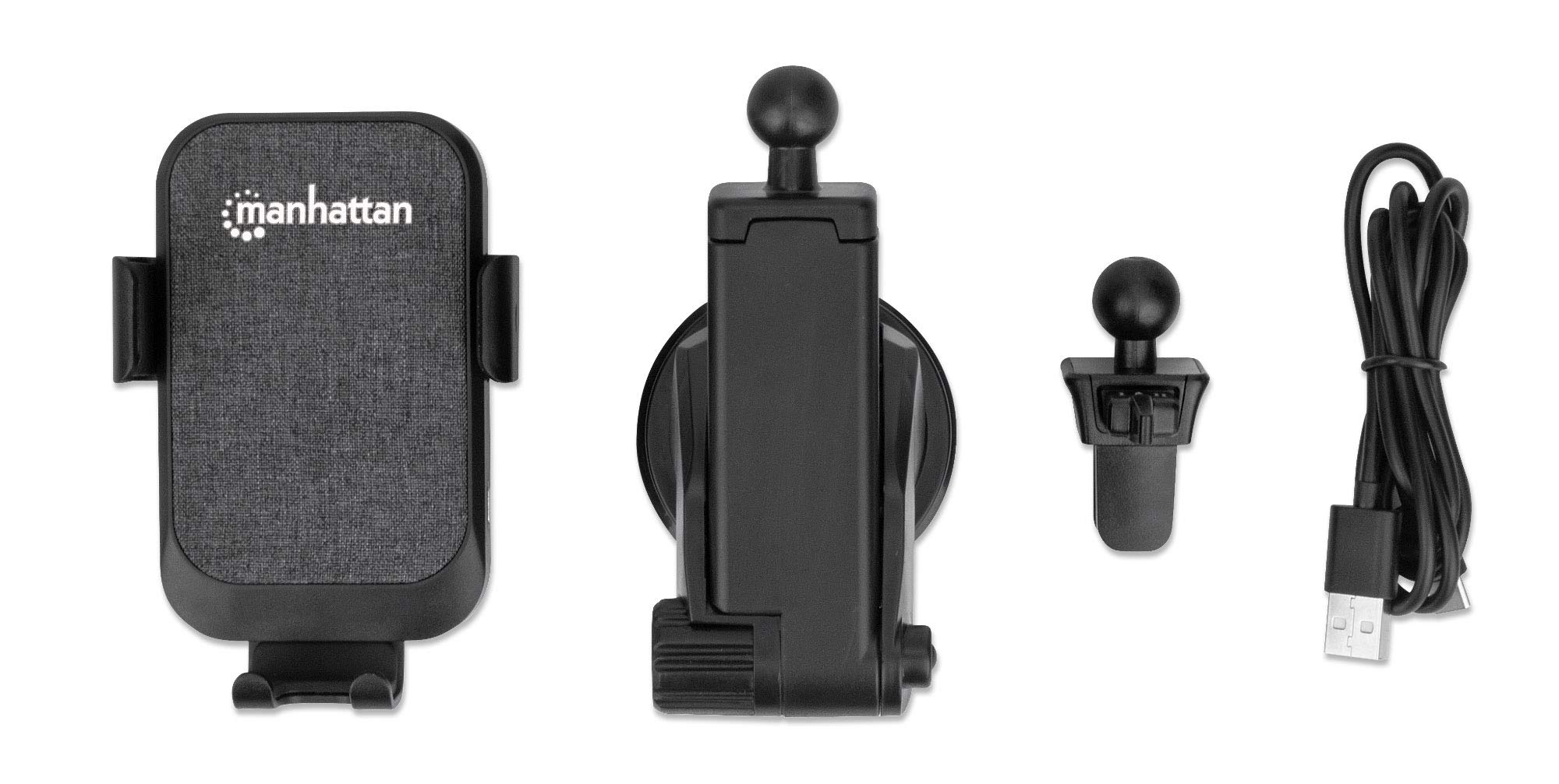 Manhattan Supporto di ricarica wireless per auto/auto, ricarica wireless da 10 W, certificato QI, clip per bocchetta dell'aria e opzioni di installazione a ventosa, 1 porta USB-A femmina, ricarica 2,1