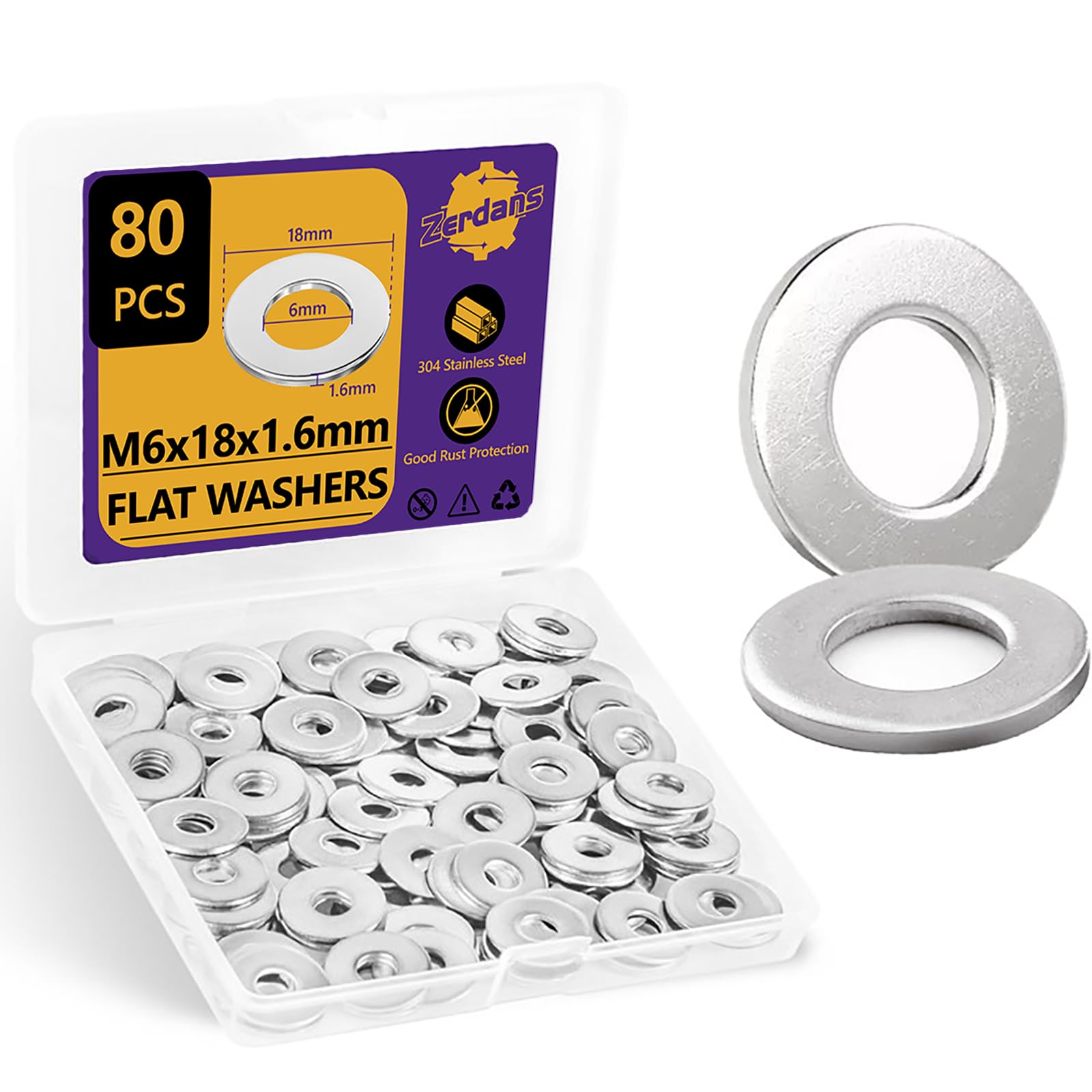 M6 Washers, M6 x 18mm Metal Flat Penny Washer Thickness 1.6mm- A2 304 Stainless Steel Washers (80 Pack)