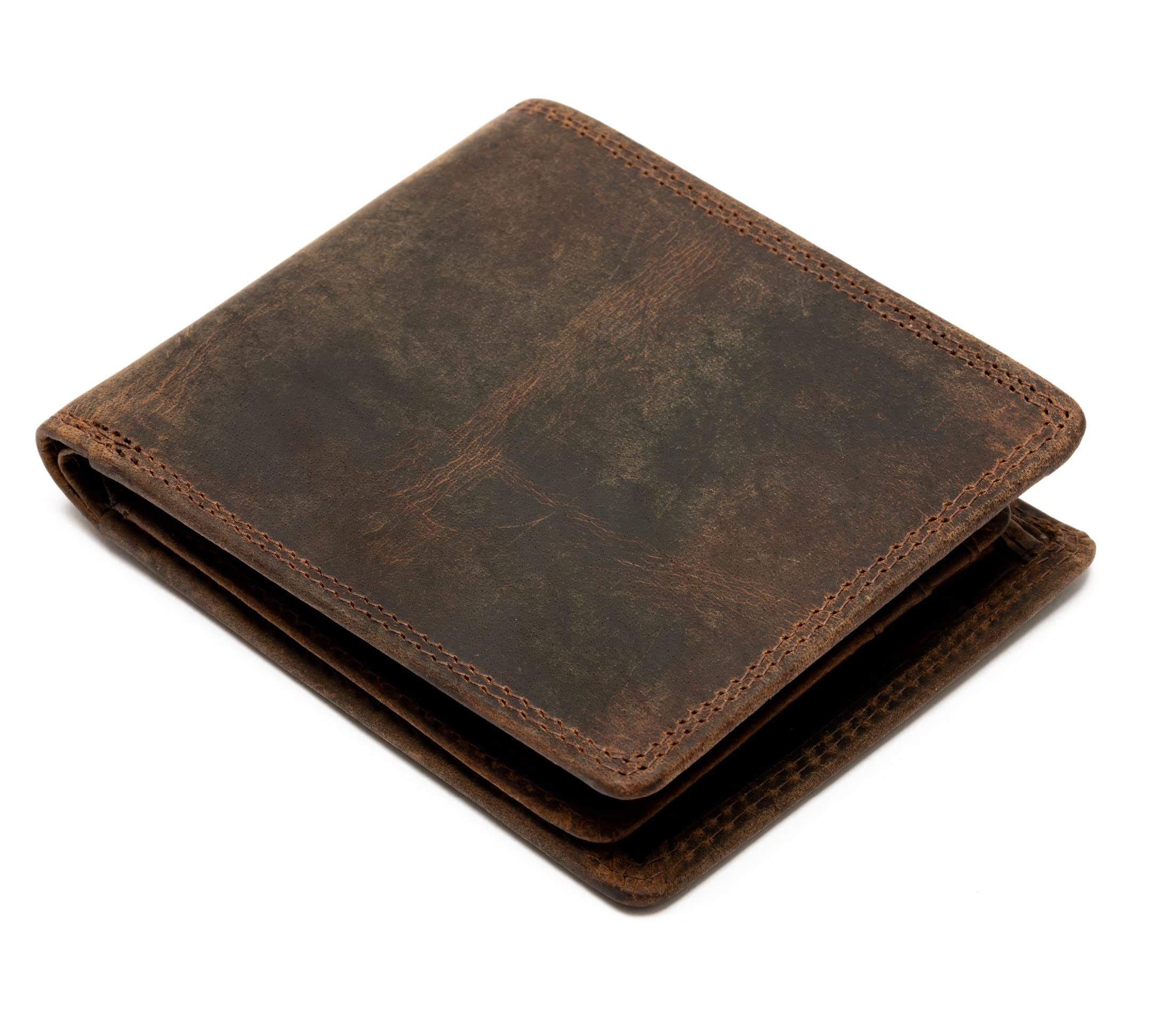 Men's Distressed Real Leather Tri Fold Wallet with Coin Pouch Valentine's Fathers Day Gift Brown
