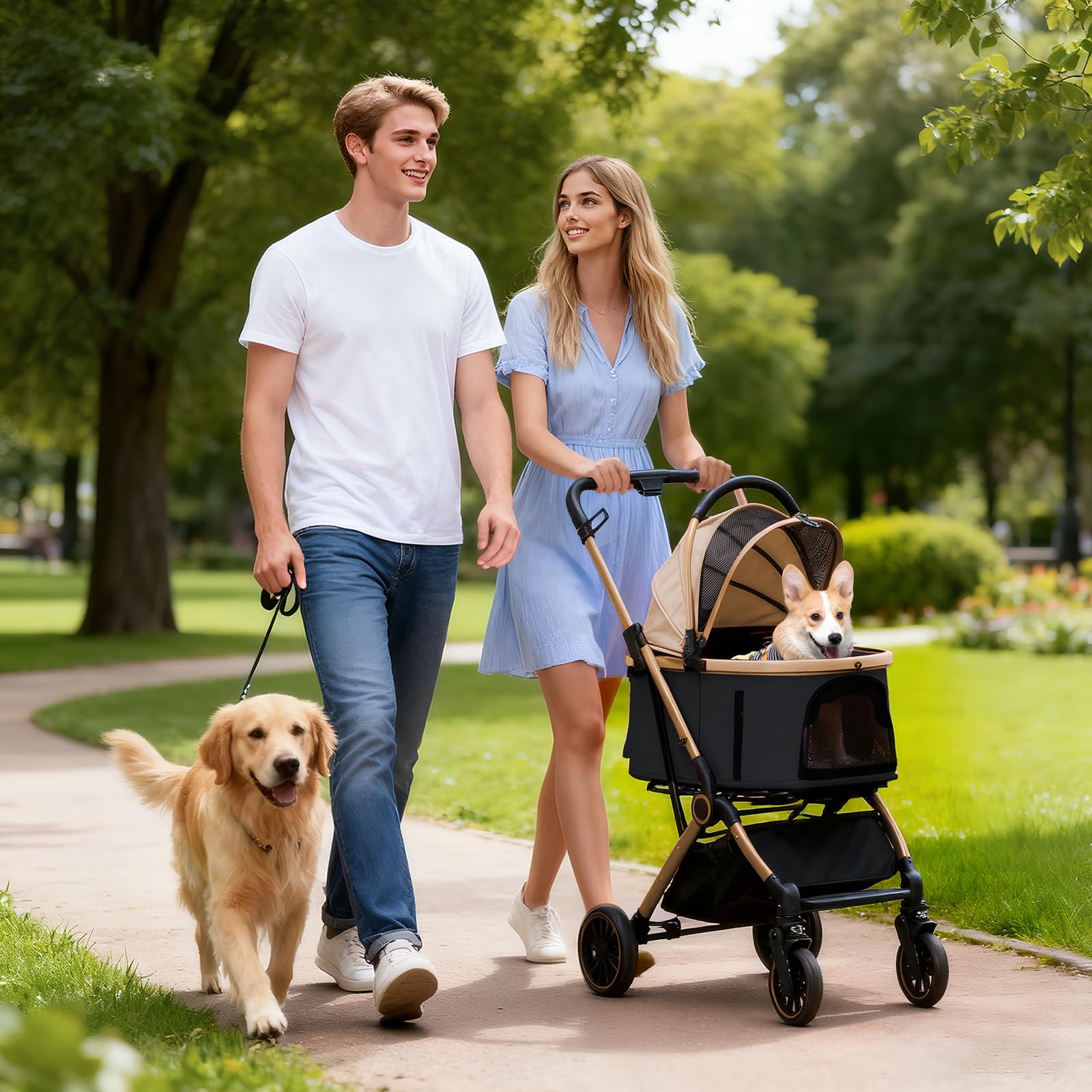 GTPLAYER Poussette Chien 4-en-1, Poussette pour Chien Chat, Jusqu'à 25KG, Voyage Transporteur Amovible, Poussette Tout-terrain Pour Animaux de Compagnie, Or
