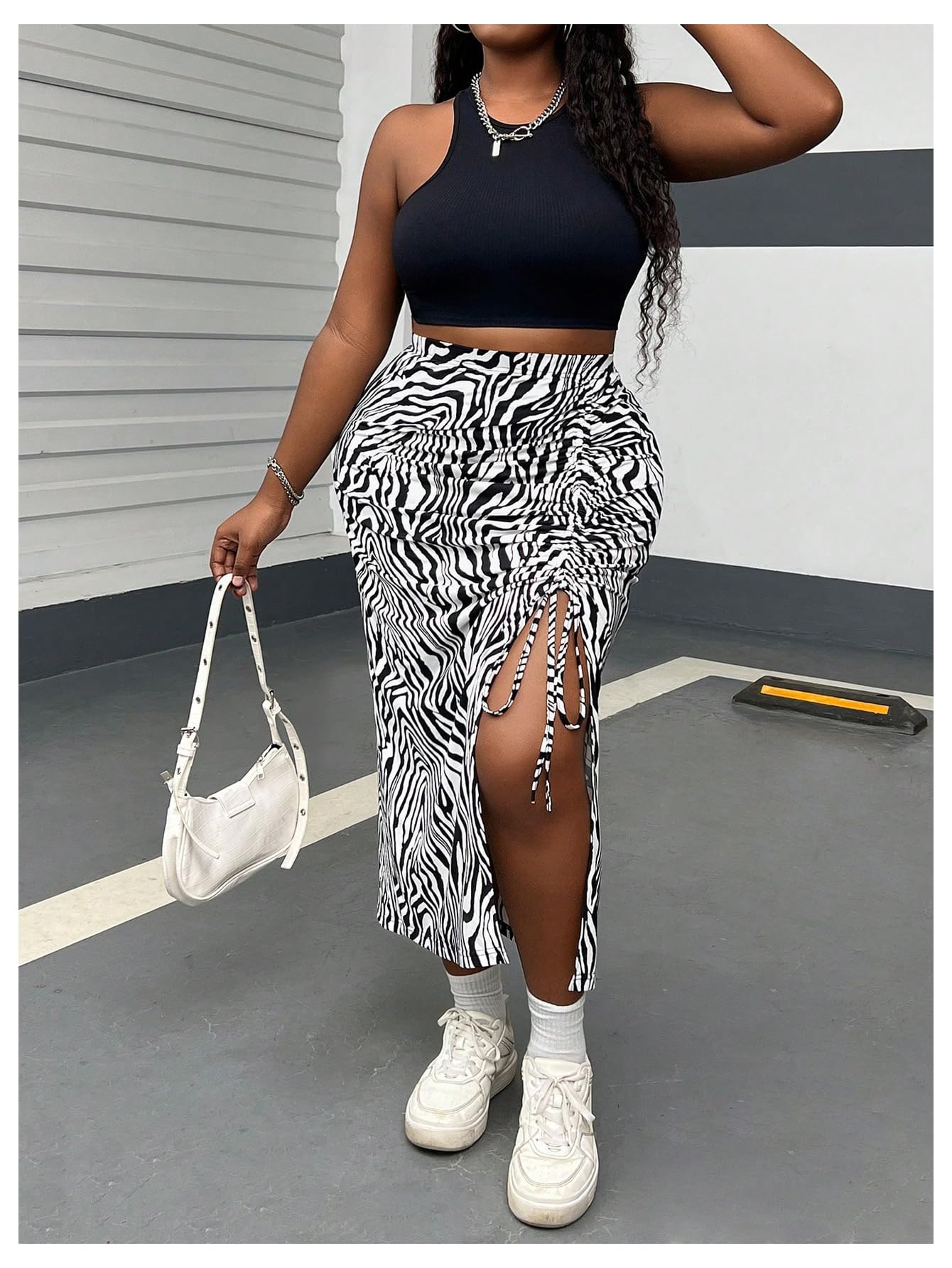 WDIRARA Women's Plus Size Checkered Ruched Midi Skirt High Waist Split Thigh Pencil Skirts: 3X-Large Plus Black Zebra