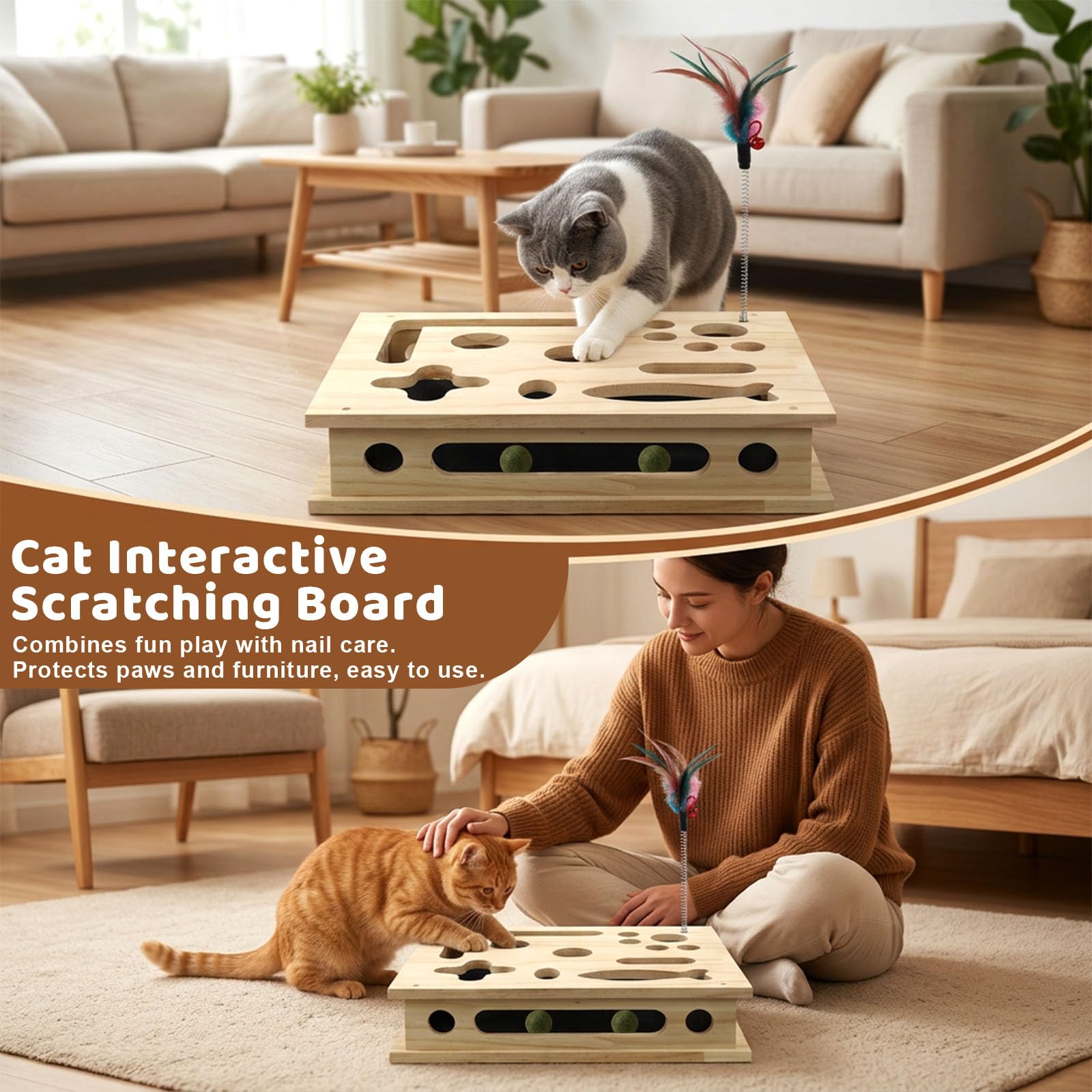 Lima per unghie 3 in 1 per gatti, scatola interattiva per gatti, in legno massello, con palline di erba gatta e rompicape, giocattoli per gatti per la cura e l'arricchimento delle unghie