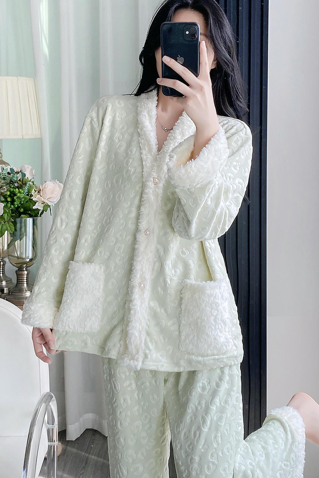 Abito da Notte Donna Set Pigiama in Soffice Lana Maglione E Pantaloni Pile Larghi -Rosa-XL