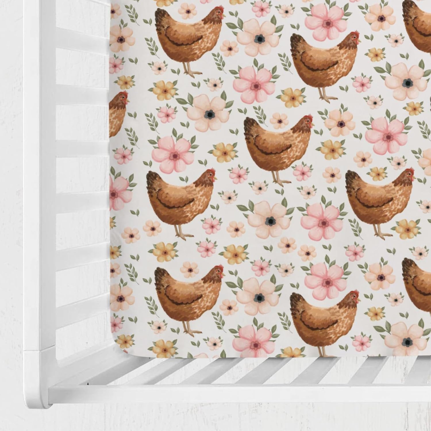 Vintage Hens Chicken Boho Floral Baby Crib Sheet 52''x28'' Farm Animal Flowers Stretchy Fitted Crib Mattress Sheet Covers for Boy Girl Nursery Bed Sheet for Standard Crib and Toddler Mattress