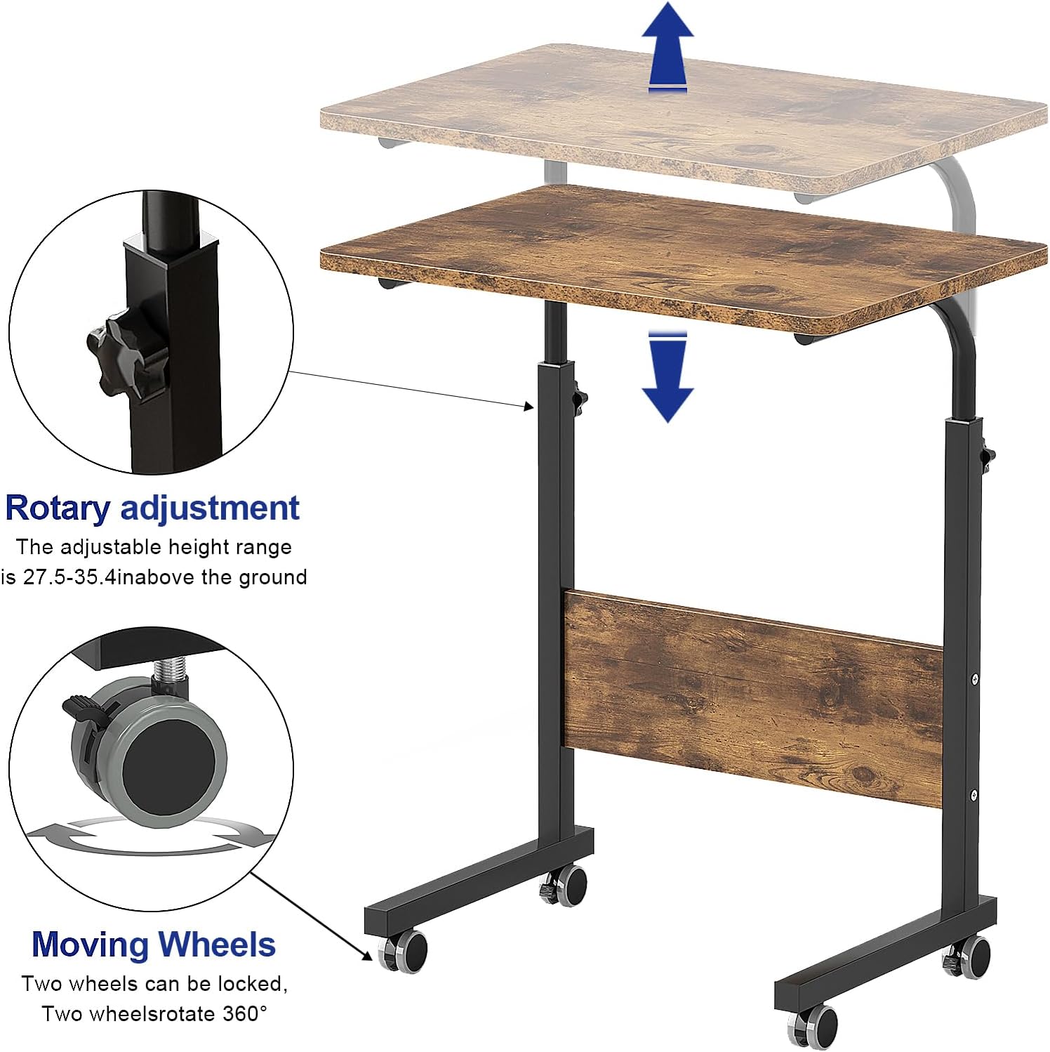 SogesHome 23.6 inches Adjustable Mobile Bed Table Portable Laptop Computer Stand Desks Cart Tray, Vintage Brown