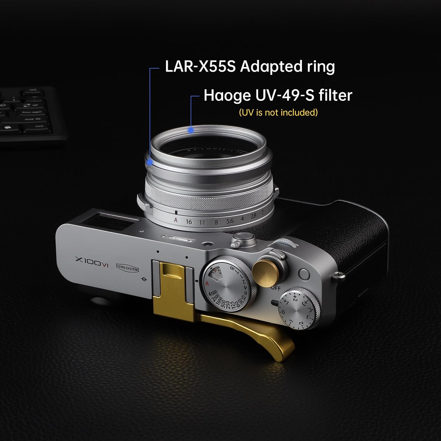 Haoge 49mm Lens Filter Adapter Ring for Fujifilm Fujinon X100VI X100V Camera fit 49mm UV CPL ND Filter Fit Original Lens Cap Silver LAR-X55S