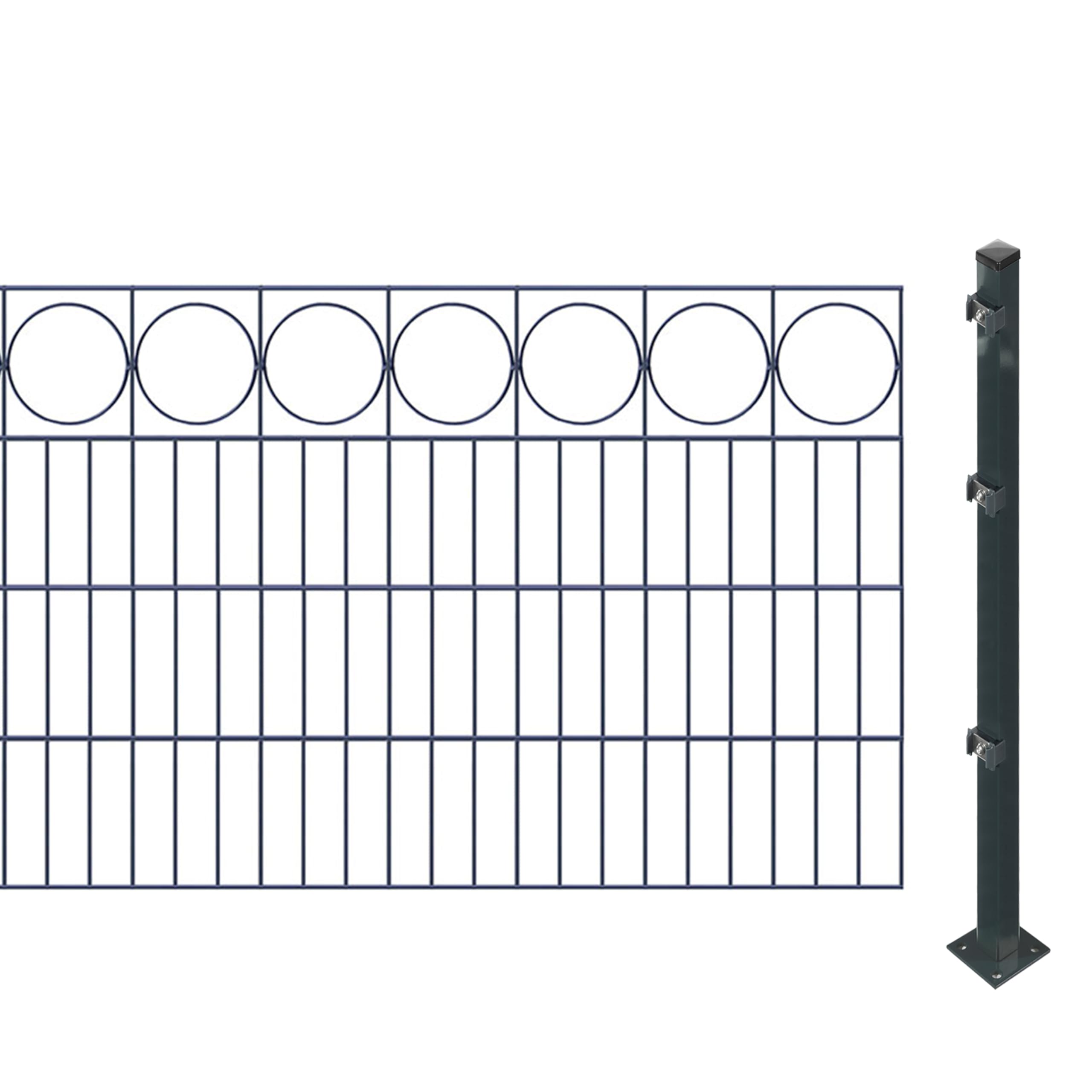 Schmuckzaunset inkl. Pfosten zum Aufschrauben (Höhe: 80 cm, Länge: 6,3 m) | Doppelstabmatten mit Zierleiste 'Ring', Anthrazit | UV- und witterungsbeständig