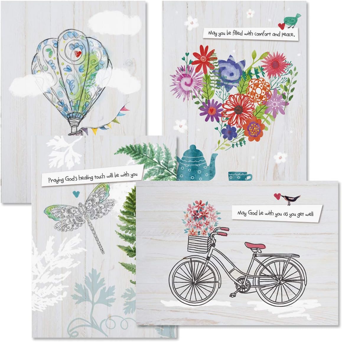 Get Well Faith Greeting Cards with Scripture - Set of 8 (4 Designs), Large 5 x 7, Religious Sympathy Cards with Sentiments Inside, White Envelopes