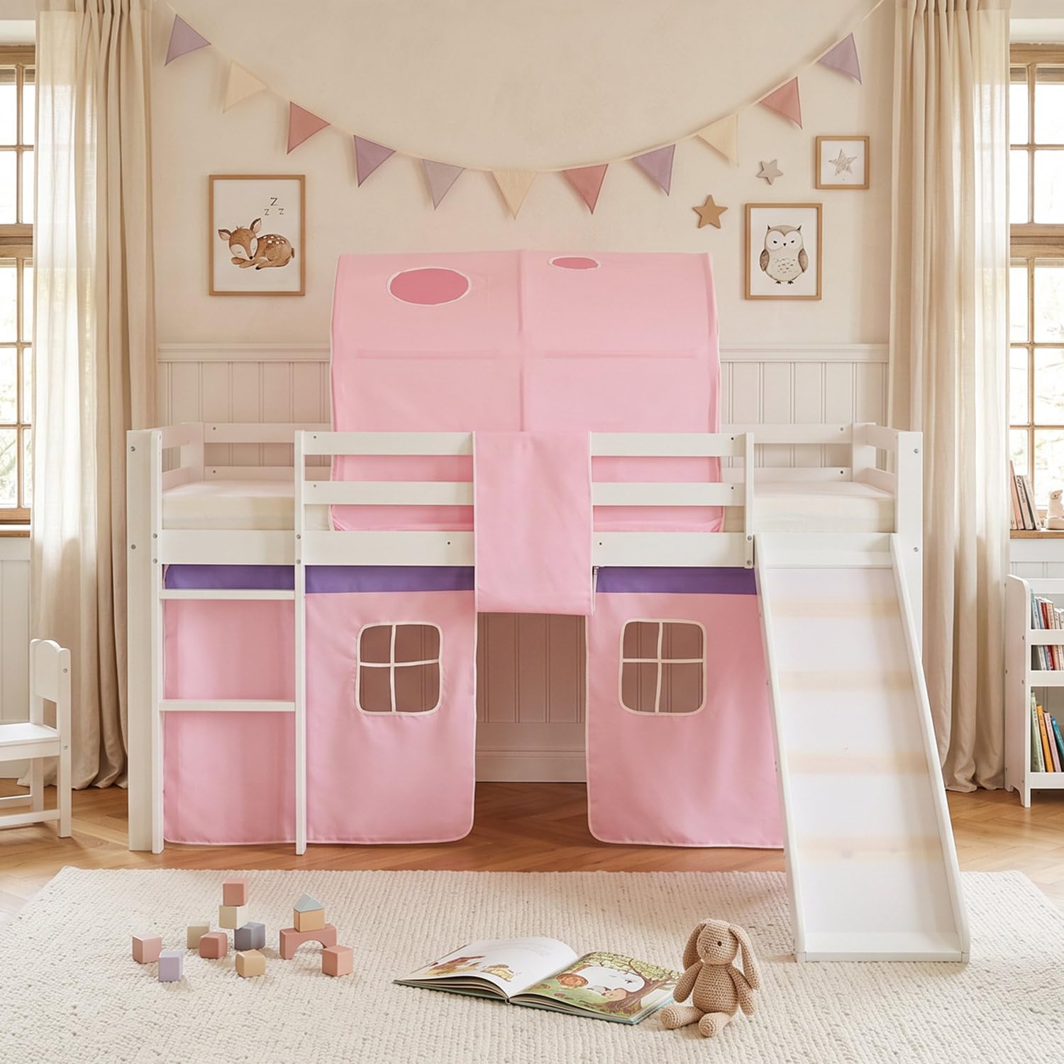 Homestyle4u 1567, Lit de Camp 90x200 Blanc, Lit Mezzanine avec Toboggan Rideau Tunnel Rose, Bois de pin