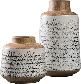 Signature Design by Ashley Megan Ceramic & Wood 2 Piece Decorative Vase Set, Light Brown & Black