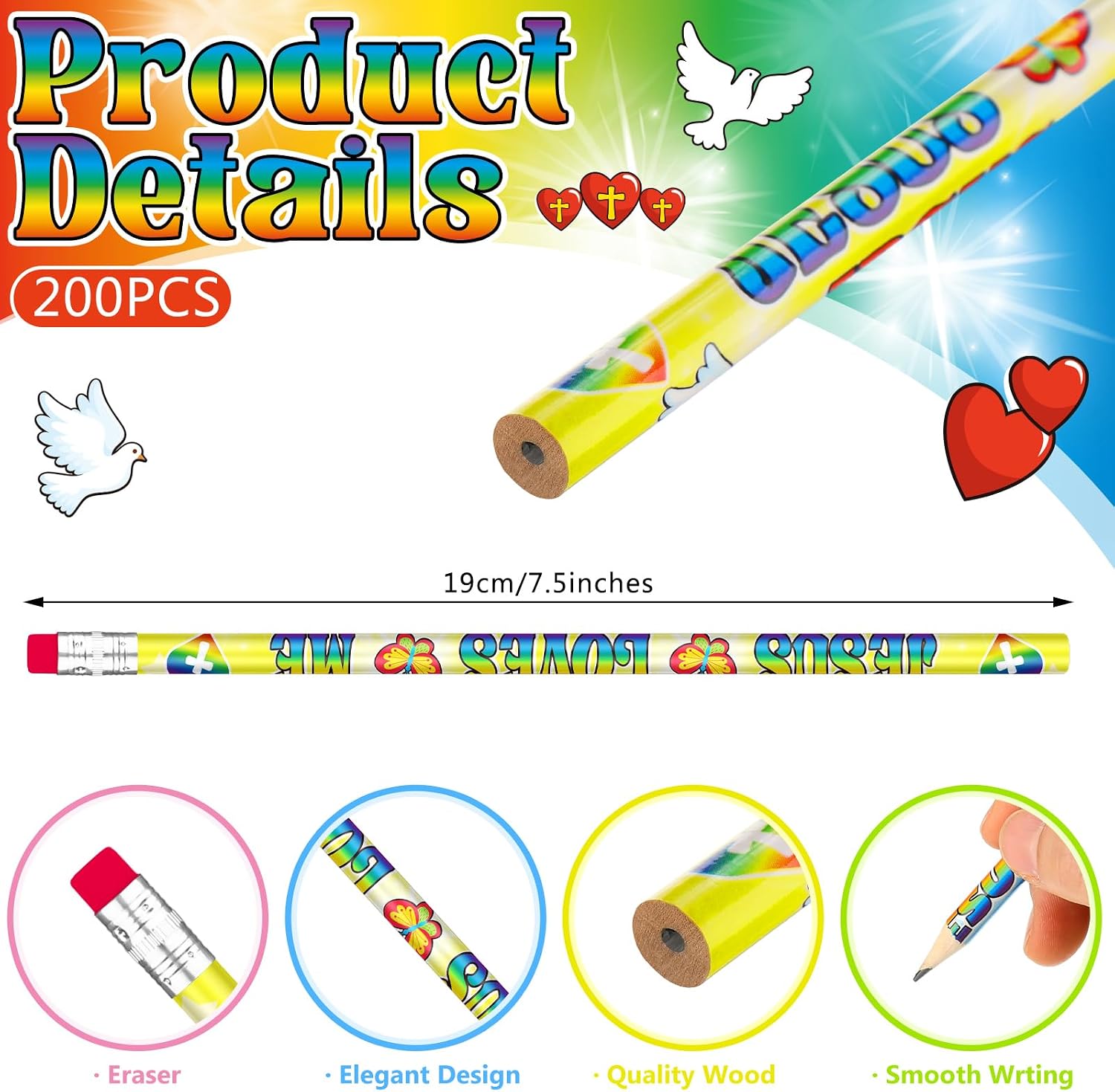 Frienda 200 Pcs Bulk Jesus Loves Me Pencils for Kids Assorted Religious Christian Pencils with Eraser Sunday School Church Gifts Butterfly Rainbow Dove Heart Fish Pen for Easter Party School Favor