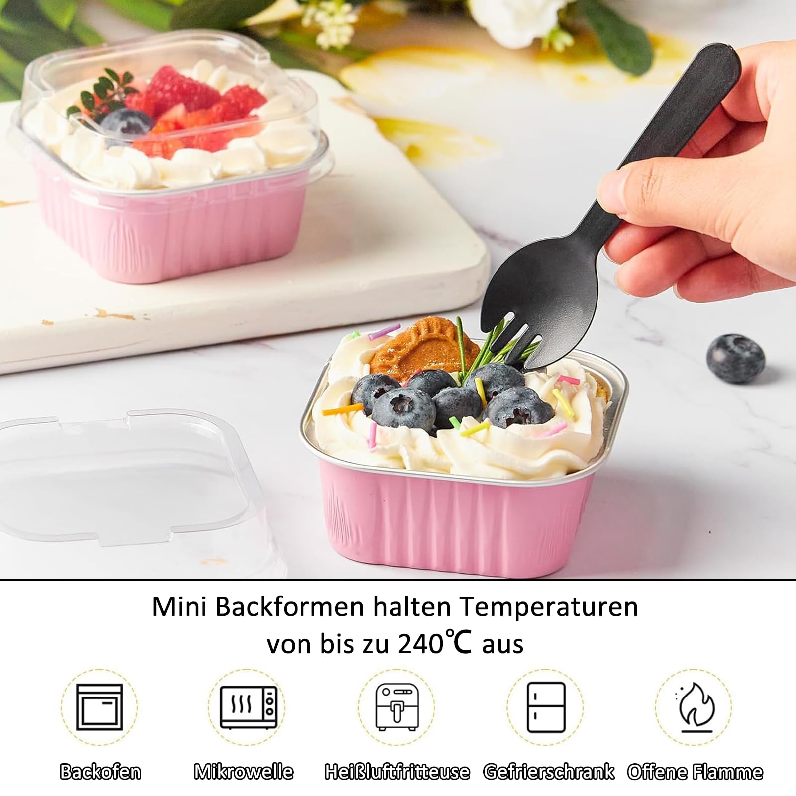Mini Taza Papel Aluminio Con Tapa, 50 Piezas 150ML Moldes para Cupcakes de Papel de Aluminio, Mini Moldes Para Pan, Con 50 Cucharas, para Postres, Pasteles, Panes(Rosa)