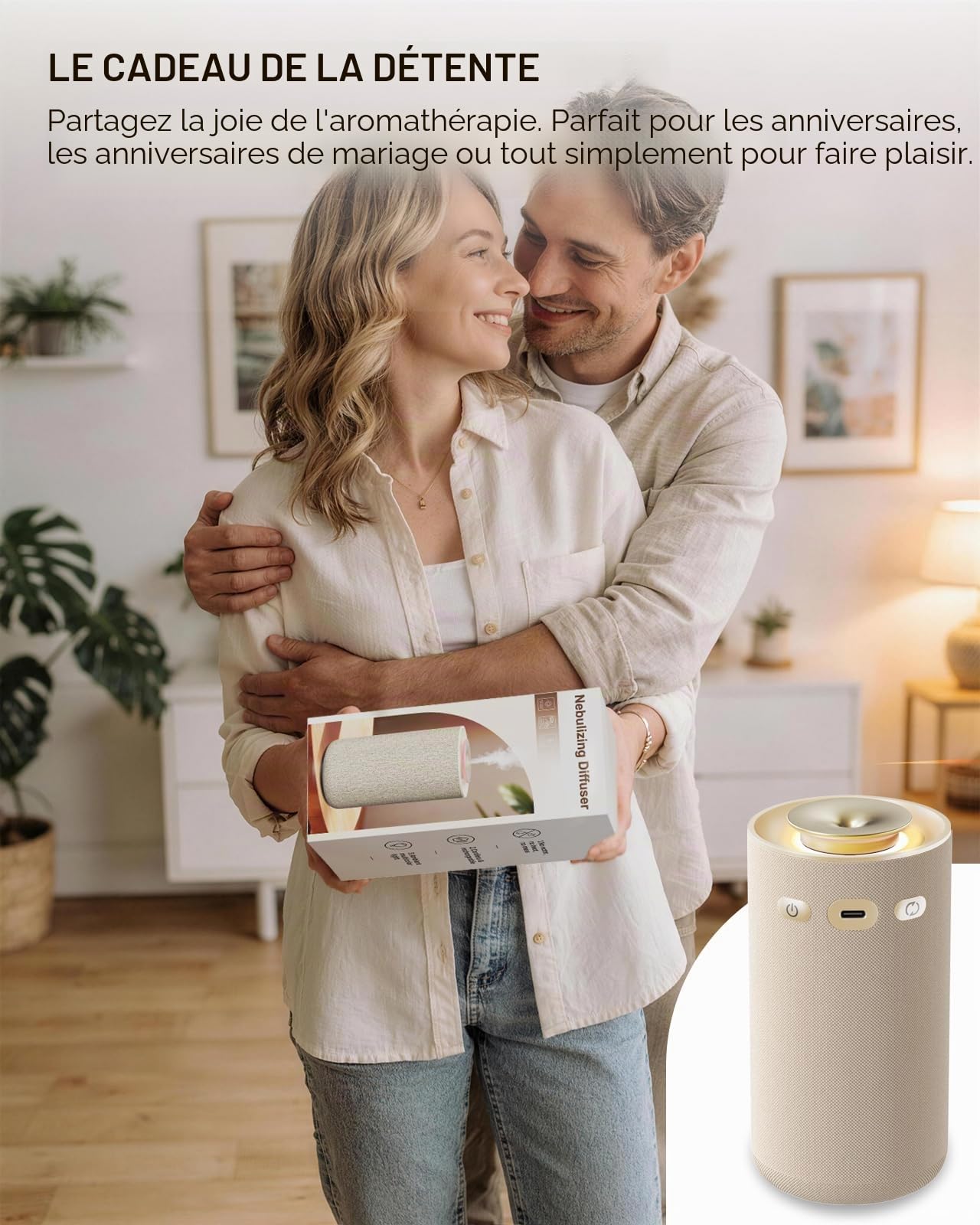 Diffuseur Huile Essentielle sans Eau Rechargeable – Nébulisateur à Froid Pur en Tissu Beige, Parfumeur d'Ambiance Silencieux et sans Fil pour Yoga, Détente et Déco Salon