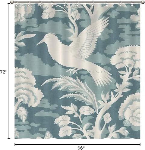 Miniatura 503 de Cortinas de ducha de baño con ganchos, 72 x 92 pulgadas, cortina de ducha de tela impermeable con diseño de flores y pájaros, cortina de ducha