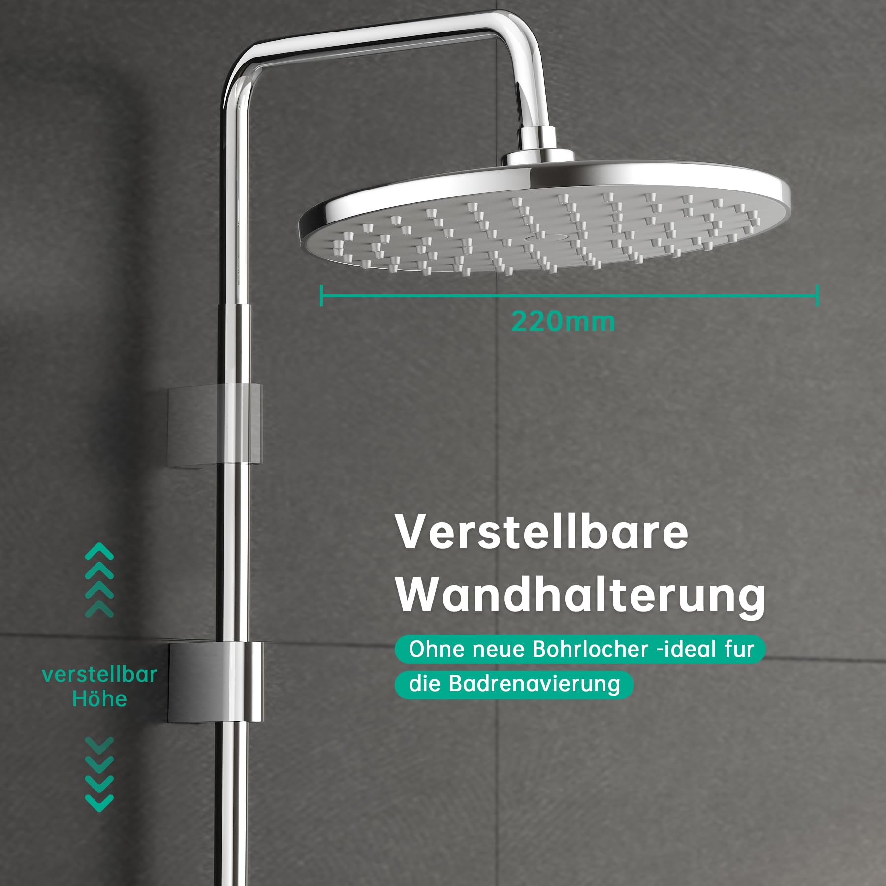 Regendusche ohne Armatur – Duschsystem aus Edelstahl mit Runder Regendusche Duschkopf, Höhenverstellbare Duschstange, Chrom-Oberfläche, für Badezimmer