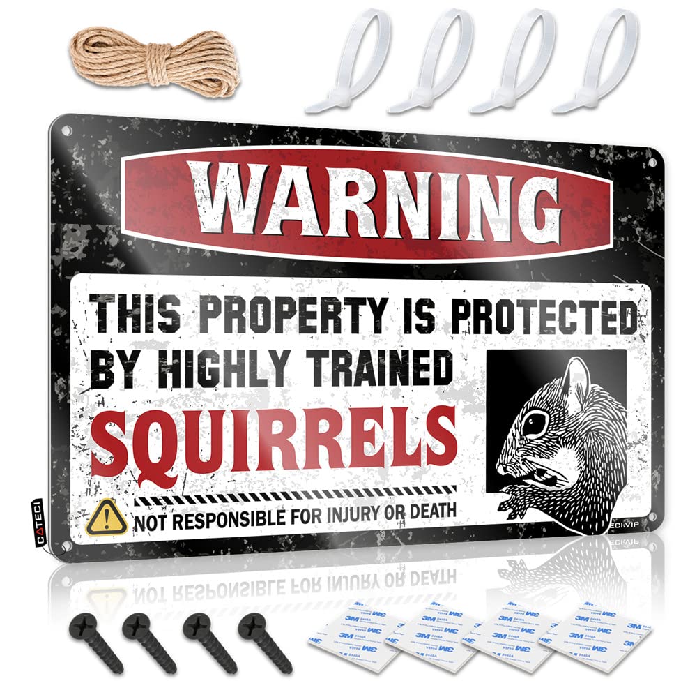Tin Decor Warning This Property Is Protected By A Highly Trained Squirrel Sign Funny Desk Signs Funny Kitchen Signs