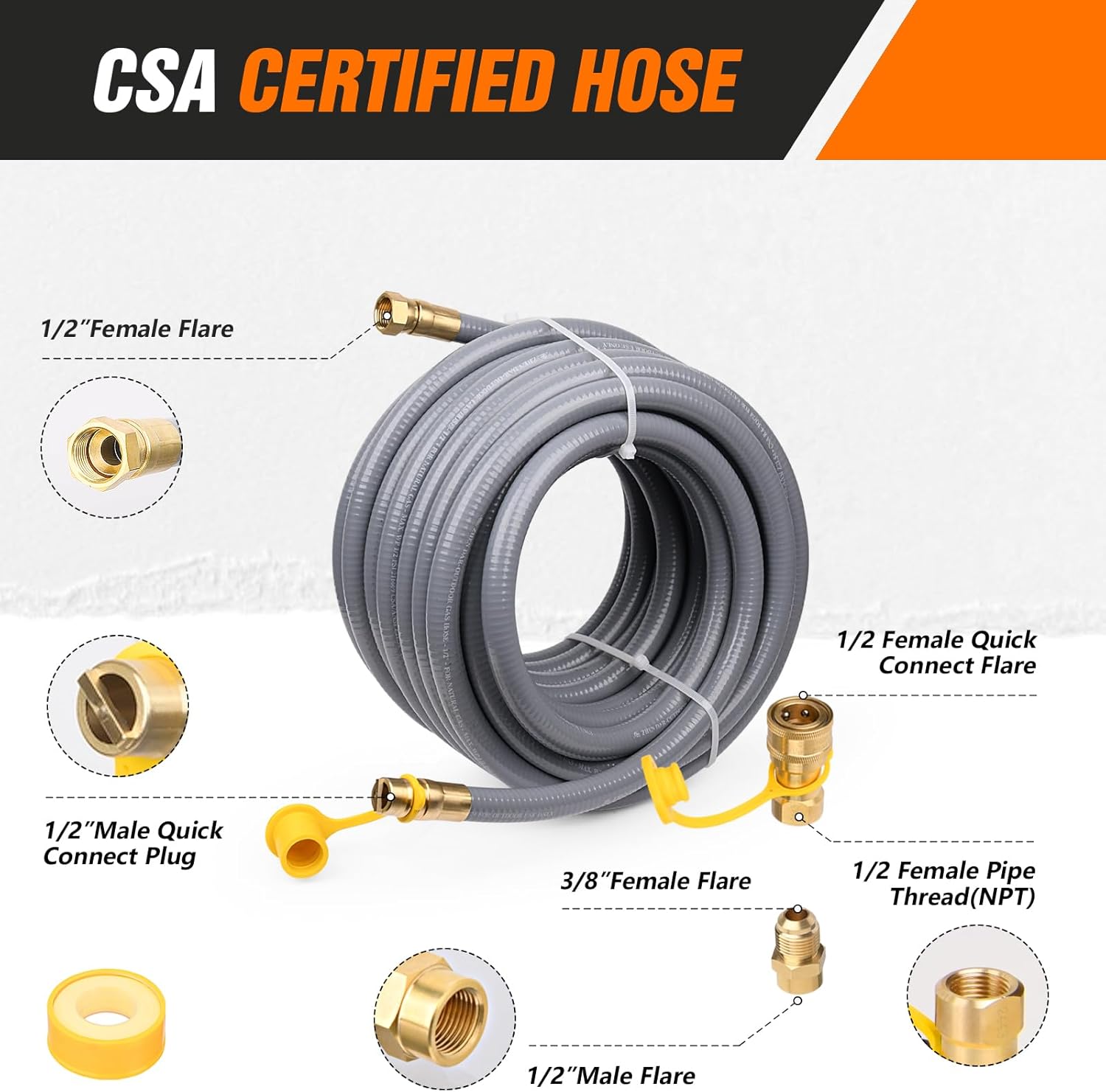 1/2 Inch Natural Gas Hose 25FT with Quick Connect Disconnect Fittings, Natural Gas Conversion Kit for Blackstone Grill, Line Hose for Patio Heater, Pizza Oven, BBQ, CSA Certification