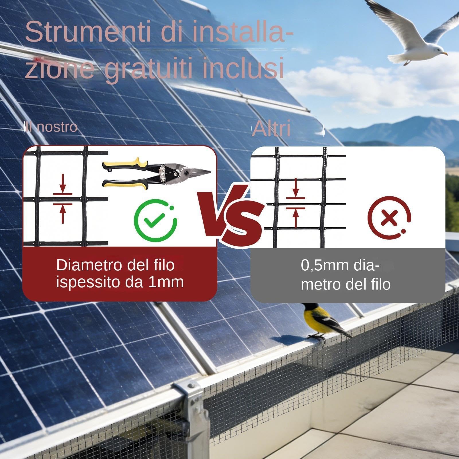 Rete anti piccioni per fotovoltaico 20 cm x 30 m kit protezione pannelli solaris con 100 ganci installazione senza fori anti uccellis 1 mm Diametro del filo