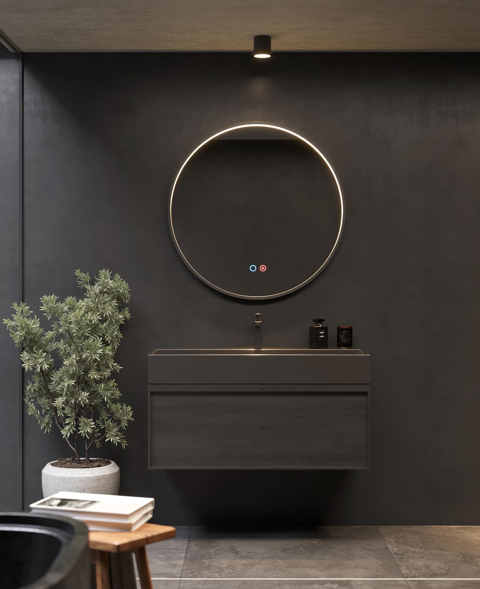 Mice - Espejo Led para baño - Espejo Redondo con luz perimetral integrada en el Marco de Aluminio en Acabado Negro Mate -Espejo para Maquillaje - Vestidor - Centro Estetica 70CM Ø