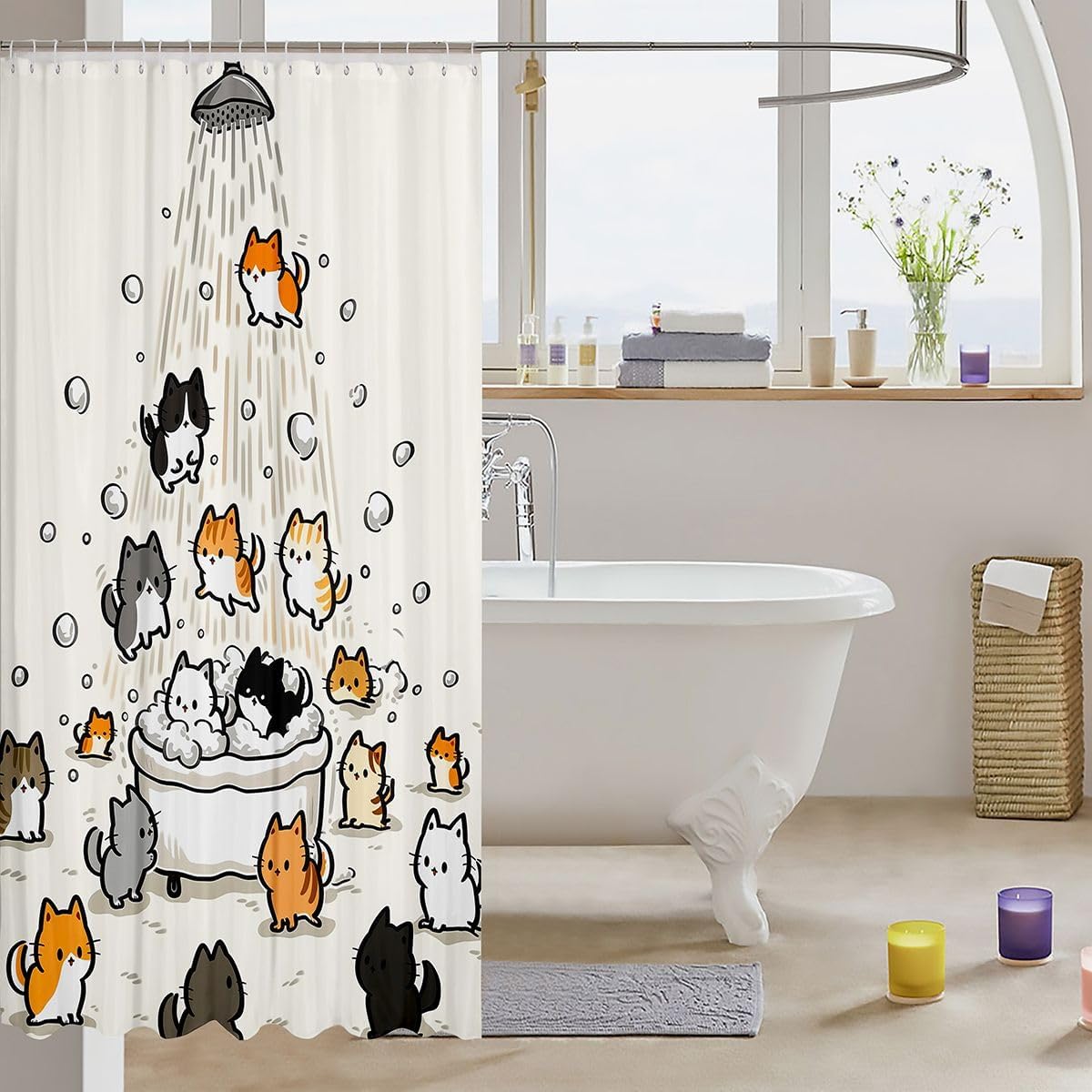 Feelyou Cat Shower Curtain for Bathroom Decor Cute Bath Curtain for Stalls Bathtubs Funny Cat Lover Bathroom Accessories Cartoon Animal Waterproof Polyester Fabric with 12 Hooks 72"x84" image 3