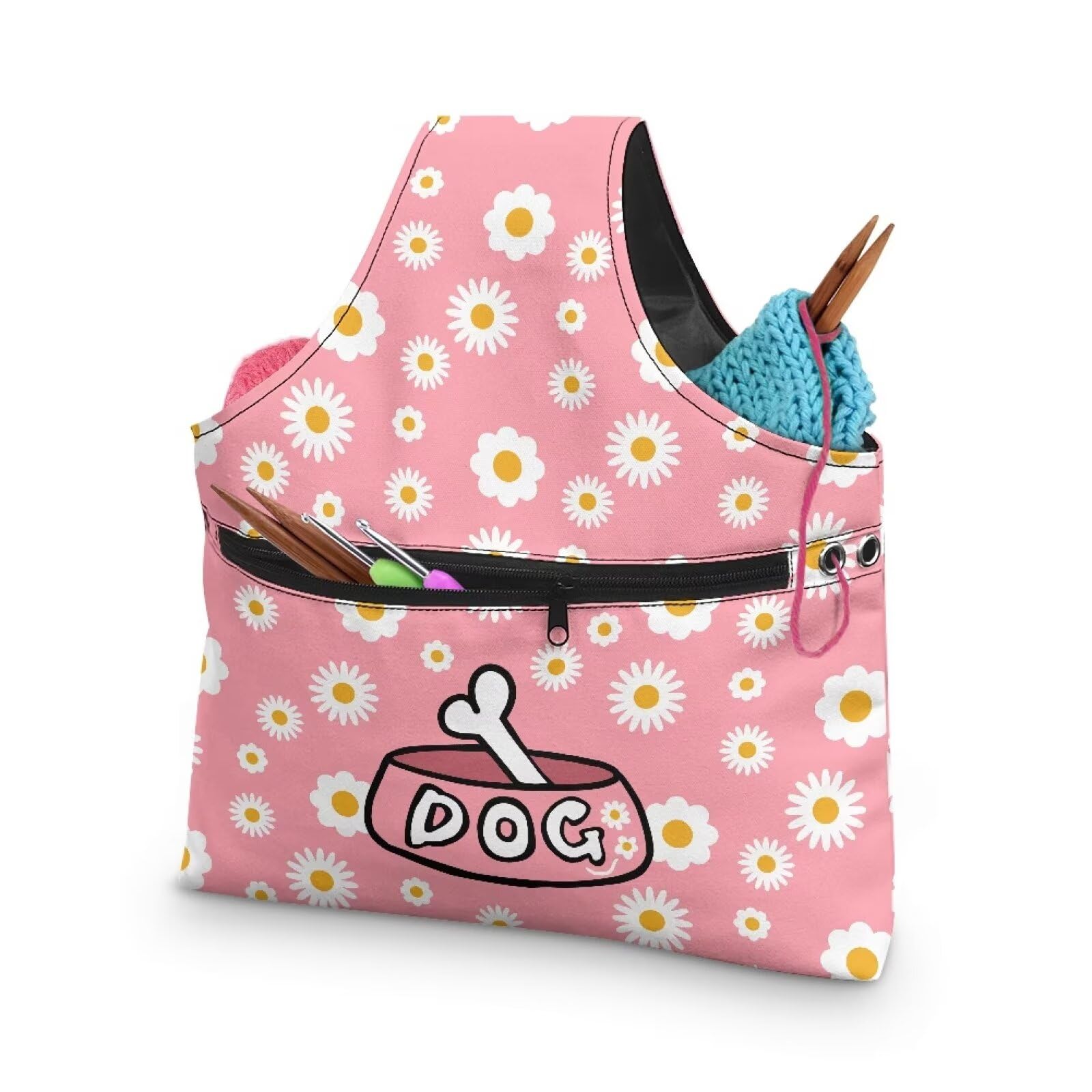 Daisy Yarn Bags for Knitting Yarn Storage Bag Organizer Dog Crochet Organizers and Storage Yarn Storage Bag for Crocheting for Women Gifts Knitting Tote Bag Large