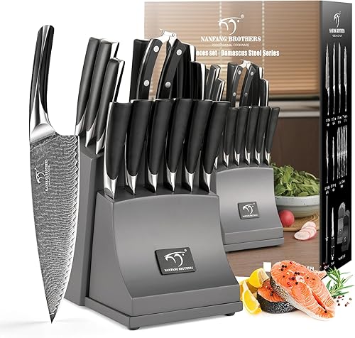 NF NANFANG BROTHERS - Juego de cuchillos de cocina de Damasco de 15 piezas con bloque, mango ergonómico de ABS para juego de cuchillos de chef,