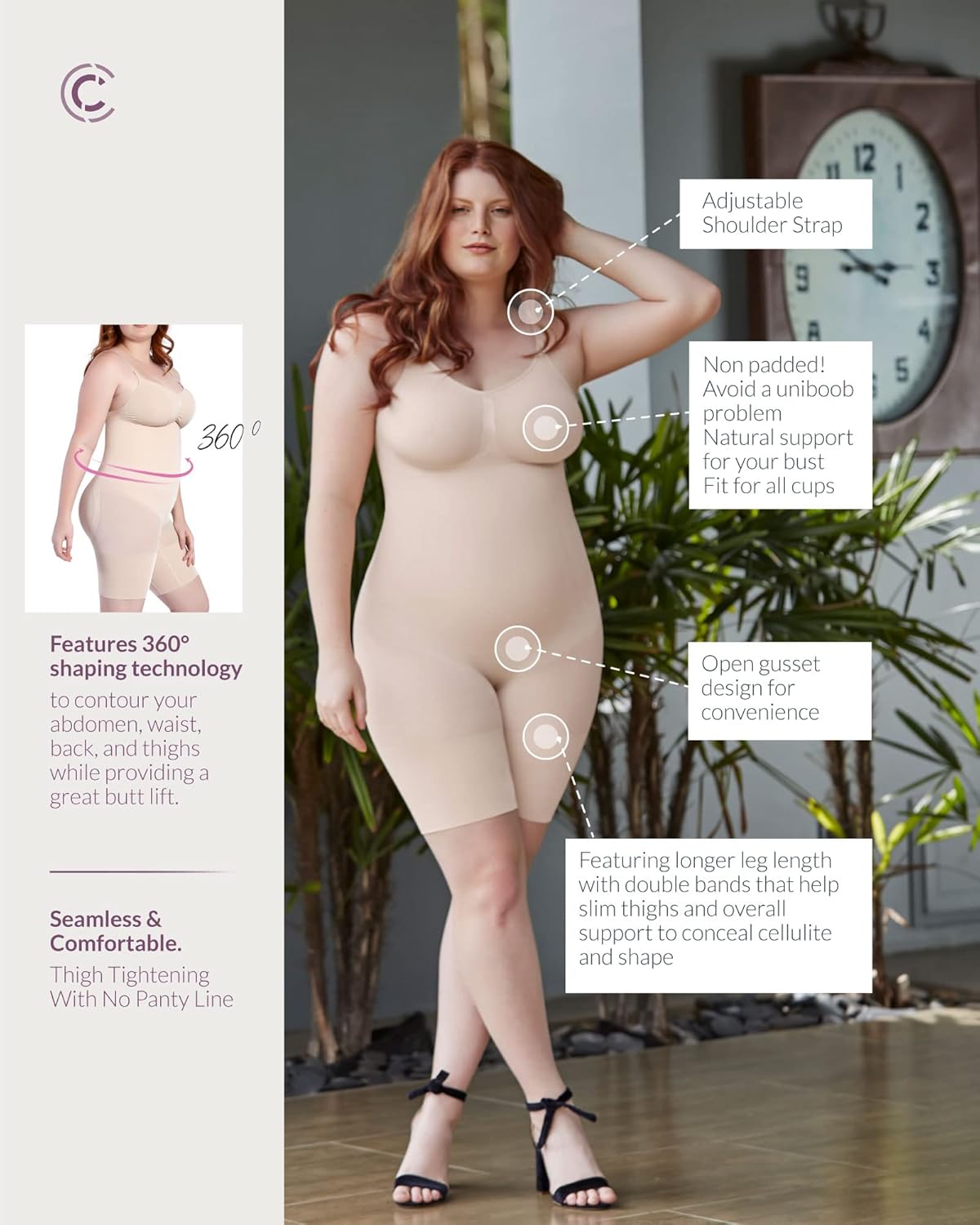 CURVEEZ Bodysuit for Women Tummy Control Shapewear - Seamless Full Body Shaper Mid-thigh Bodysuit - Medium Compression Level