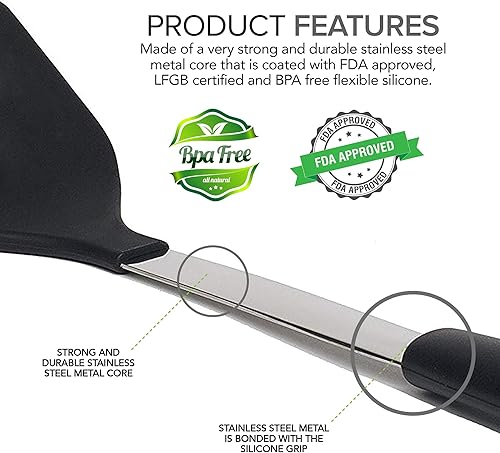 Miniatura 3 de Juego de cucharas y espátulas de silicona resistente al calor y acero inoxidable - Cucharas y volteador sólido con agarre de goma - Espátulas y