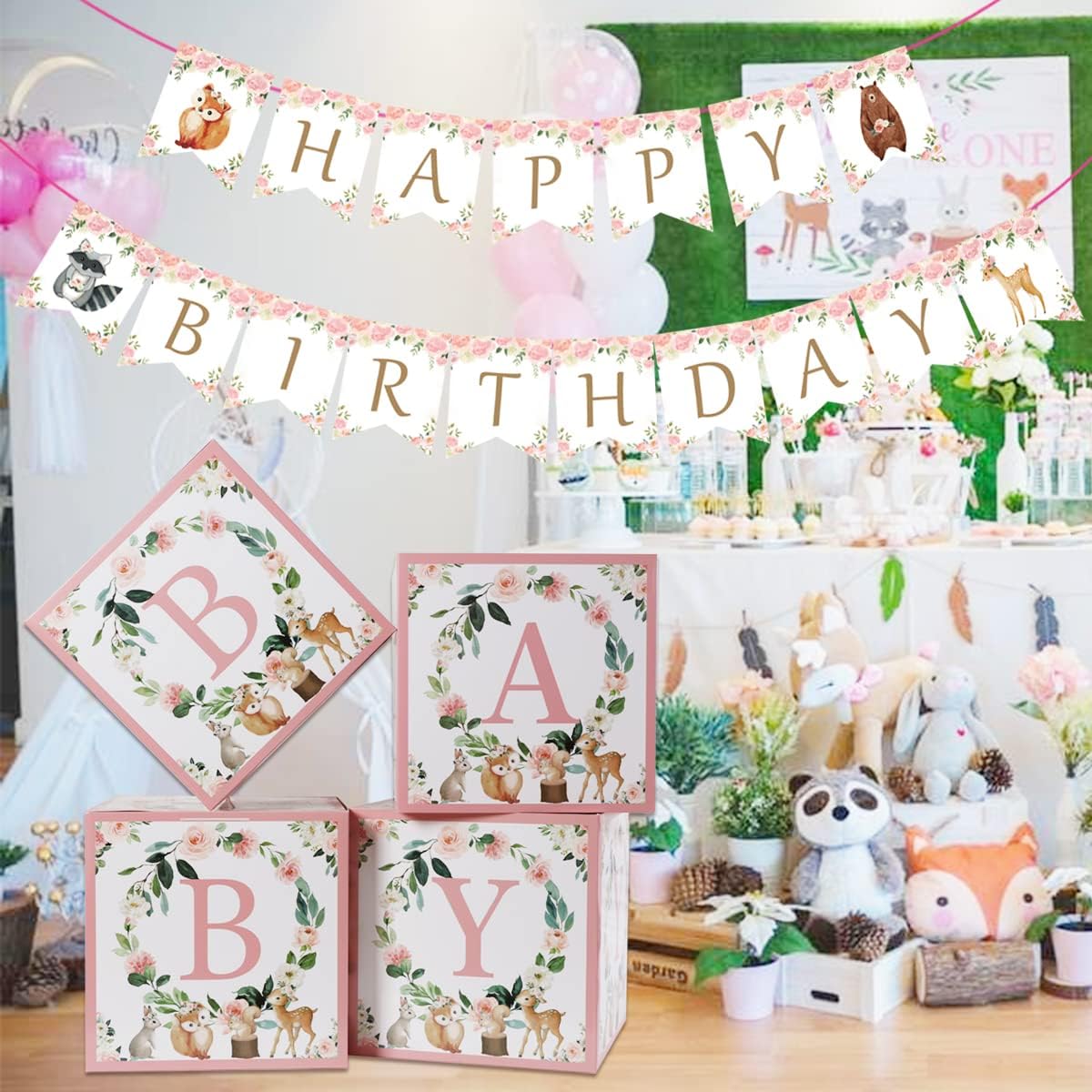 Woodland Baby Shower Decoration Woodland Party Balloon Boxes Pink Floral Theme Its A Baby Girl Party Jungle Welcome Baby Decor Woodland Animal Theme Boxes for Spring Wildflower Party
