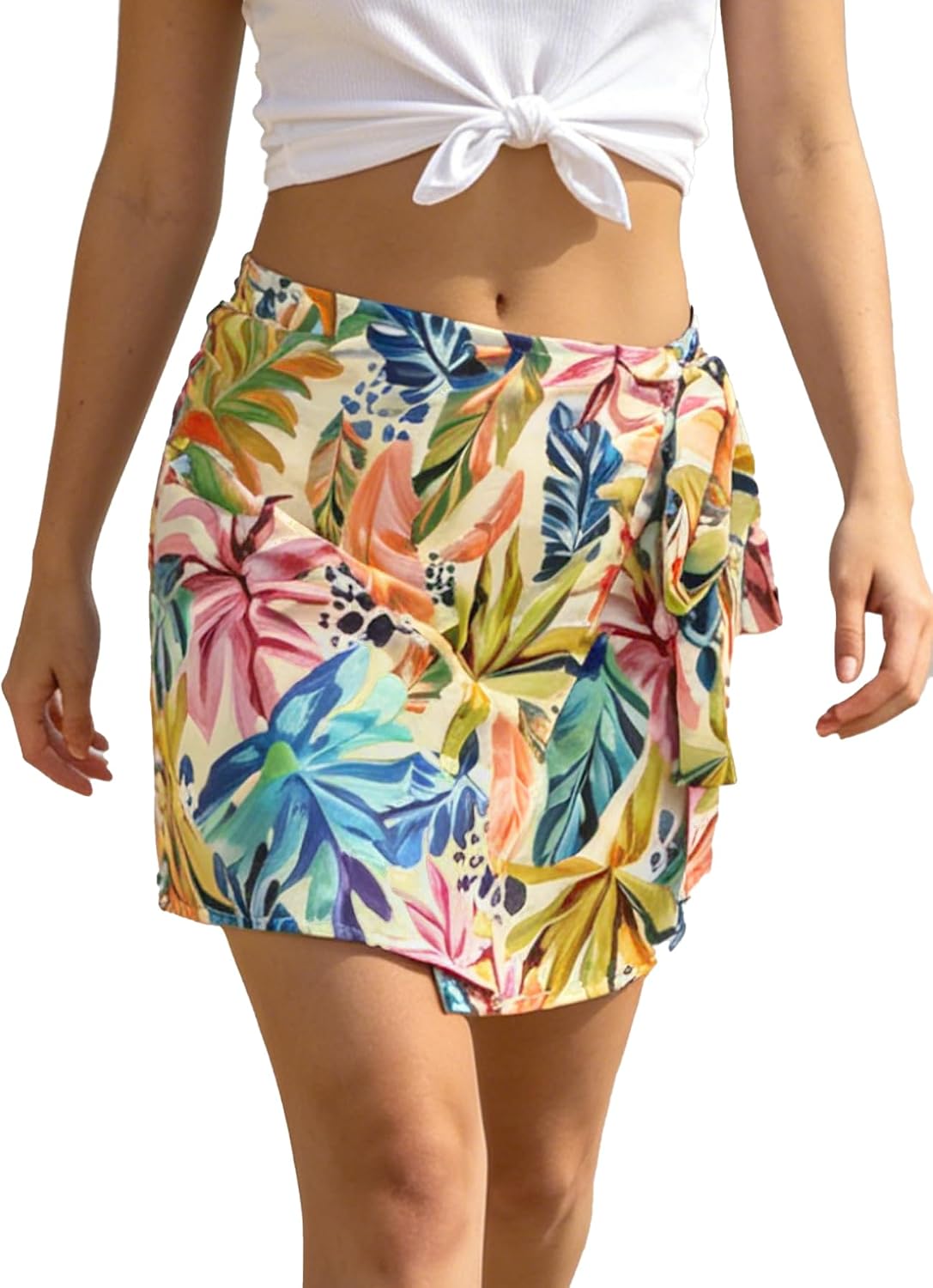 HERBATOMIA Women's Floral Wrap Mini Skirt Tie Side A-Line High Waist Boho Summer Vacation Beach Short Skirt for Women