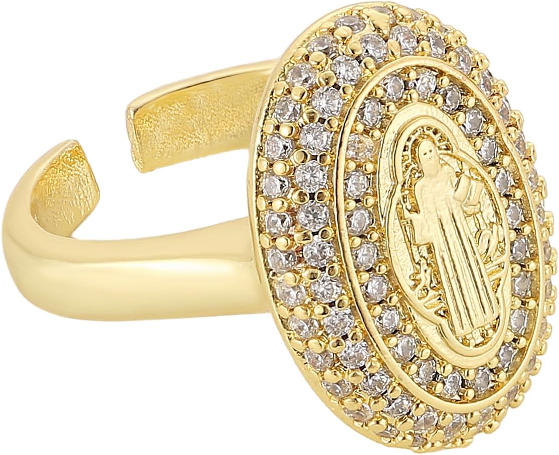 HZMAN 14K Gold Plated Ring for Women Dainty Cubic Zirconia St. Benedict Ring Open Adjustable Statement Chunky Rings Jewelry Gift