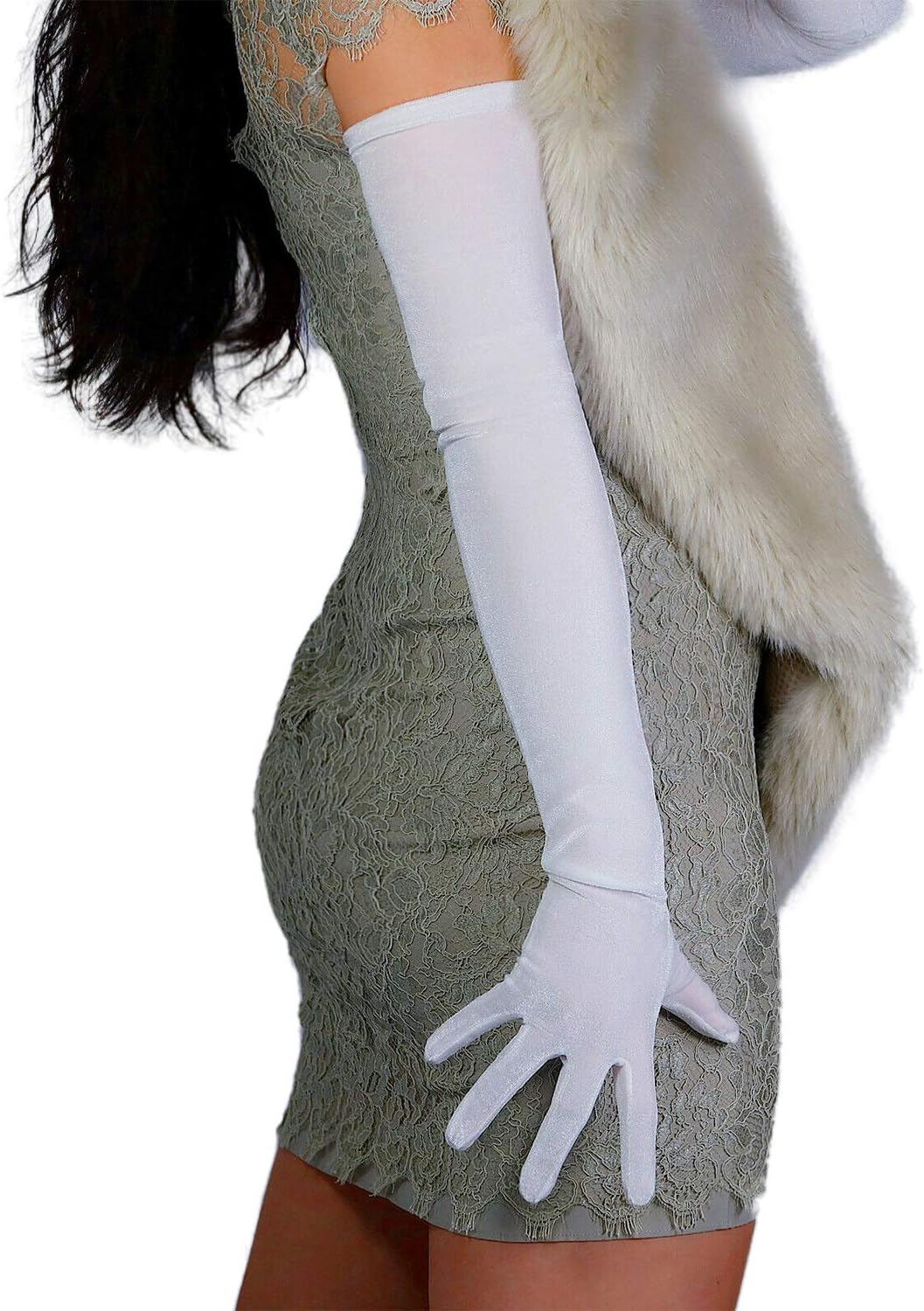 DooWay Women's 28 Inch Long Velvet Gloves Touch Screen Halloween Cosplay Costume Formal Evening Wedding Party White