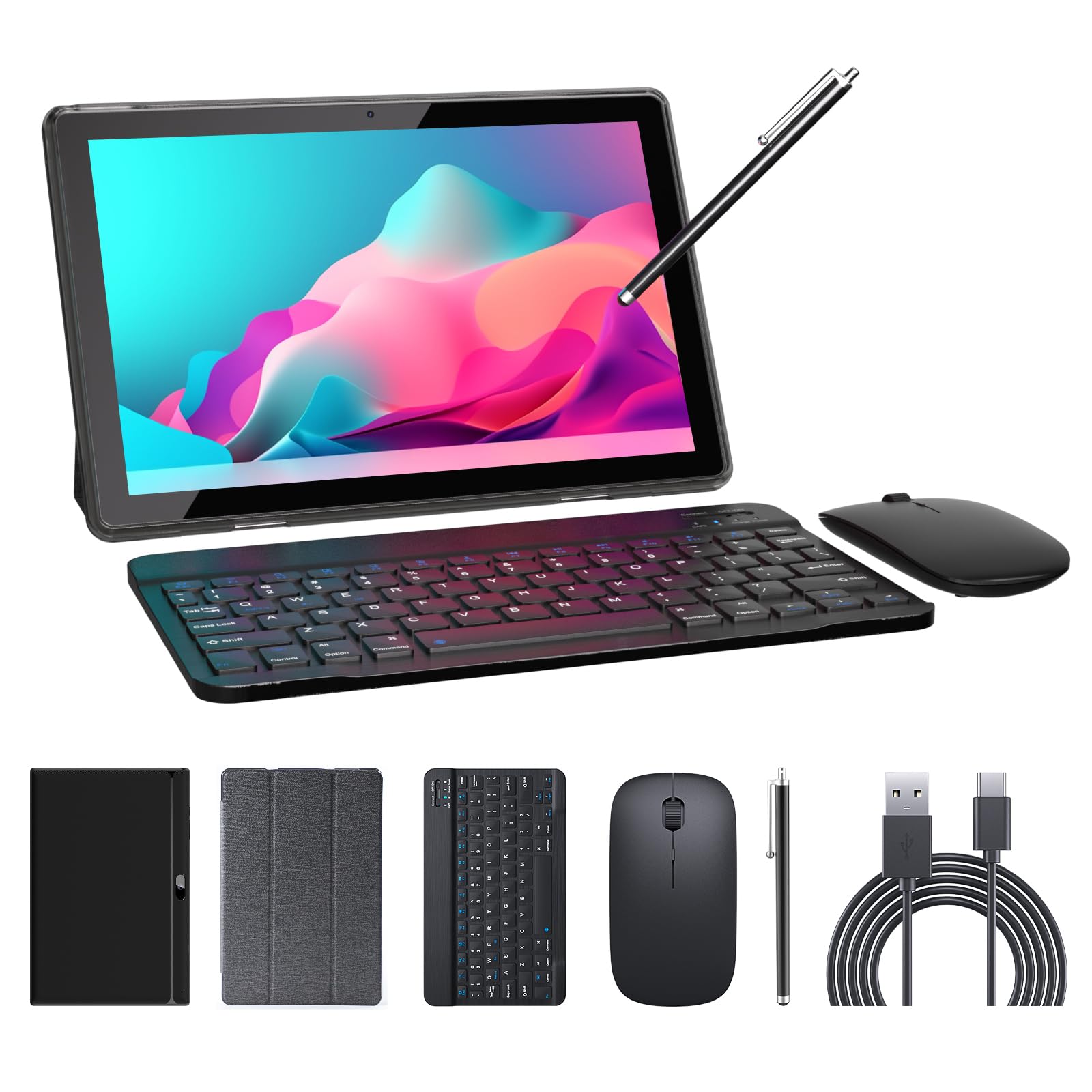 Tablet 2 in 1 Tablets 10 inch Android 14 Tablet Set with Keyboard Case Mouse Stylus 8GB+64GB/1TB expansion Tablets 10.1" Touch Screen Tab 6000 mAh battery 2MP+8MP Dual Camera WiFi6 Bluetooth Tableta