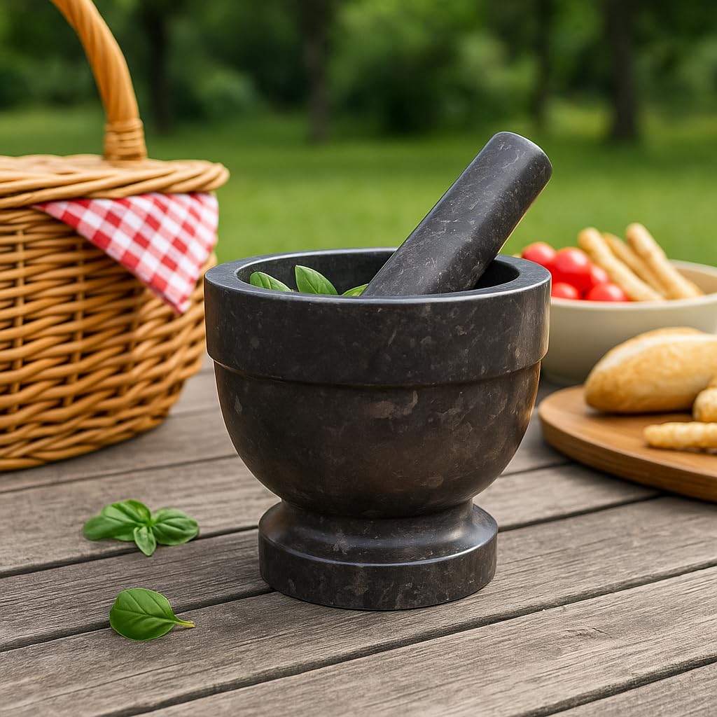 Natural Charcoal Marble Mortar & Pestle – Handcrafted Stone Grinder for Spices, Herbs & Kitchen Essentials (5.9” Diameter)