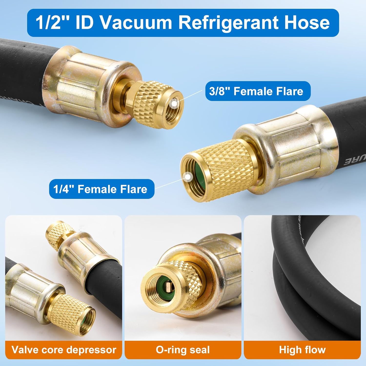 HVAC Vacuum Hose Evacuation Kit, 1/2'' ID Vacuum Refrigerant Charging Hose with Valve Core Removal Tool 1/4 and 5/16, High Flow HVAC Vacuum Pump Kit with 3/8 to 1/4