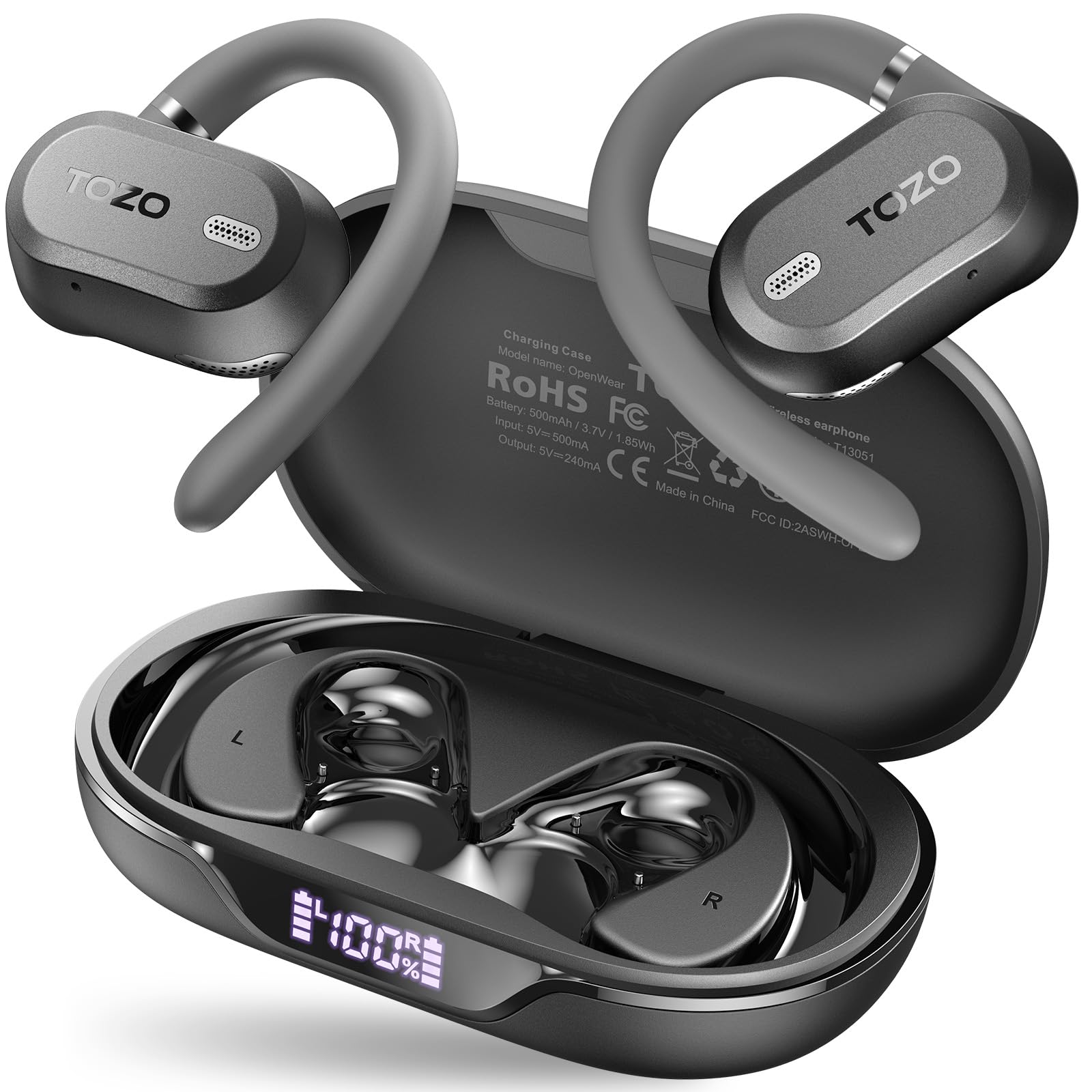TOZO OpenWear Open Ear Kopfhörer mit bügel,komfortabel Kopfhörer Kabellos Bluetooth 5.3,Open Sport Kopfhörer mit Digitalanzeige ENC Noise Cancelling Mikroofon,38 Std, Headphones Bluetooth Wasserdicht