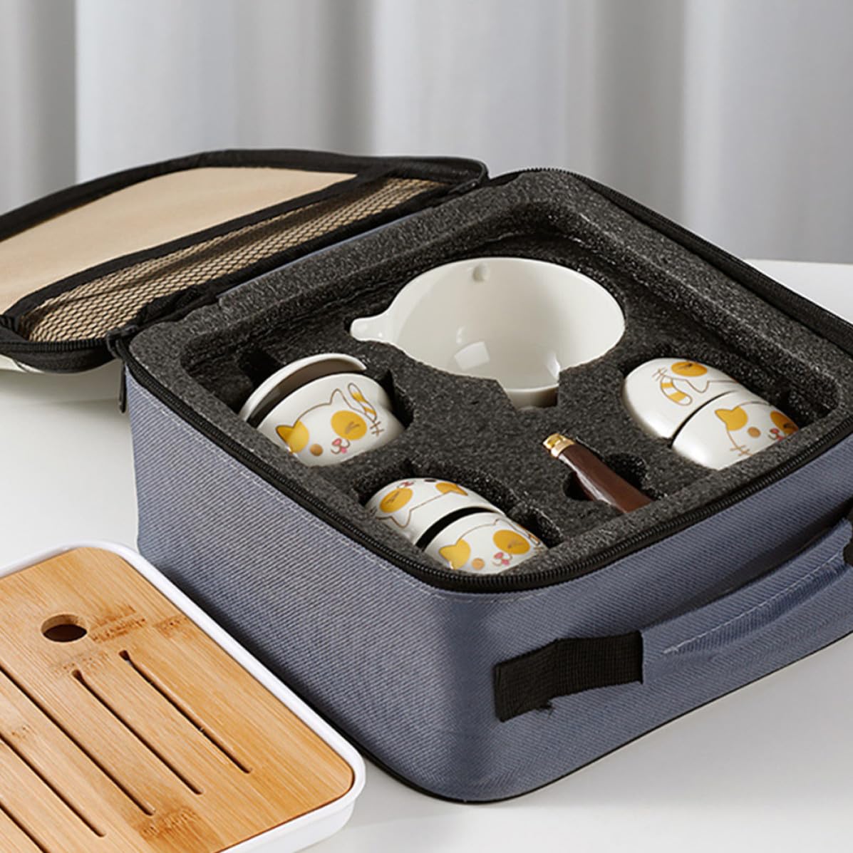 Service à Thé de Voyage Portable en Céramique, Bambou et Bois