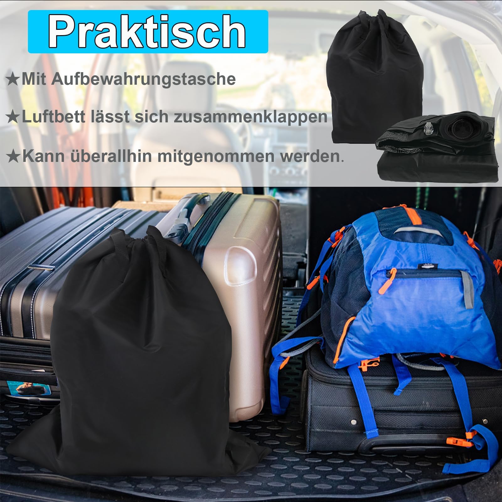 LARS360 Materasso ad aria autogonfiabile, materasso gonfiabile con pompa ad aria, 187 x 90 x 46 cm, adatto per 1 persona, letto ad aria inclusa, borsa per il campeggio/a casa, fino a 300 kg, nero e